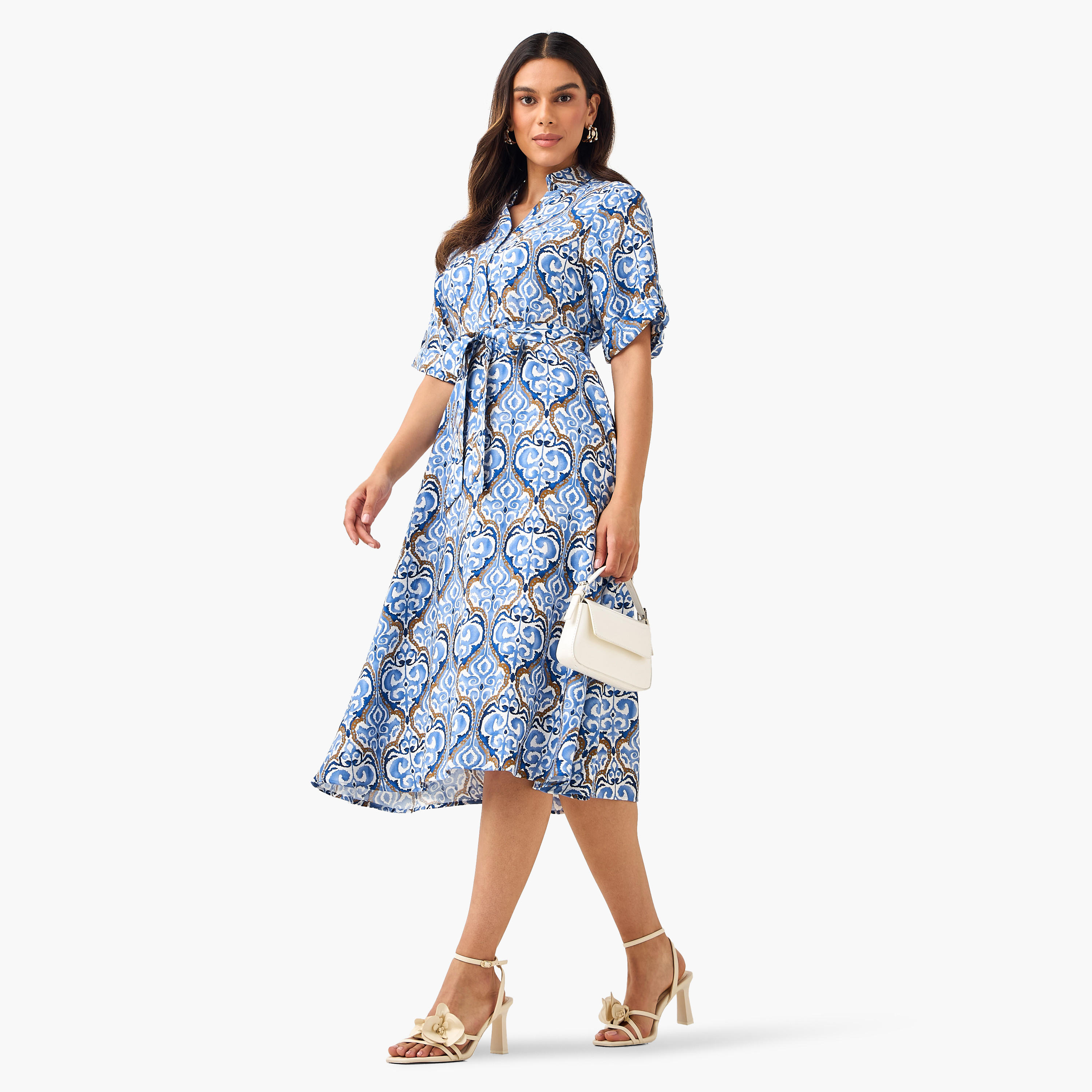 Belted Midi Shirt Dress with Printed Design-women-clothing-dresses-image-3