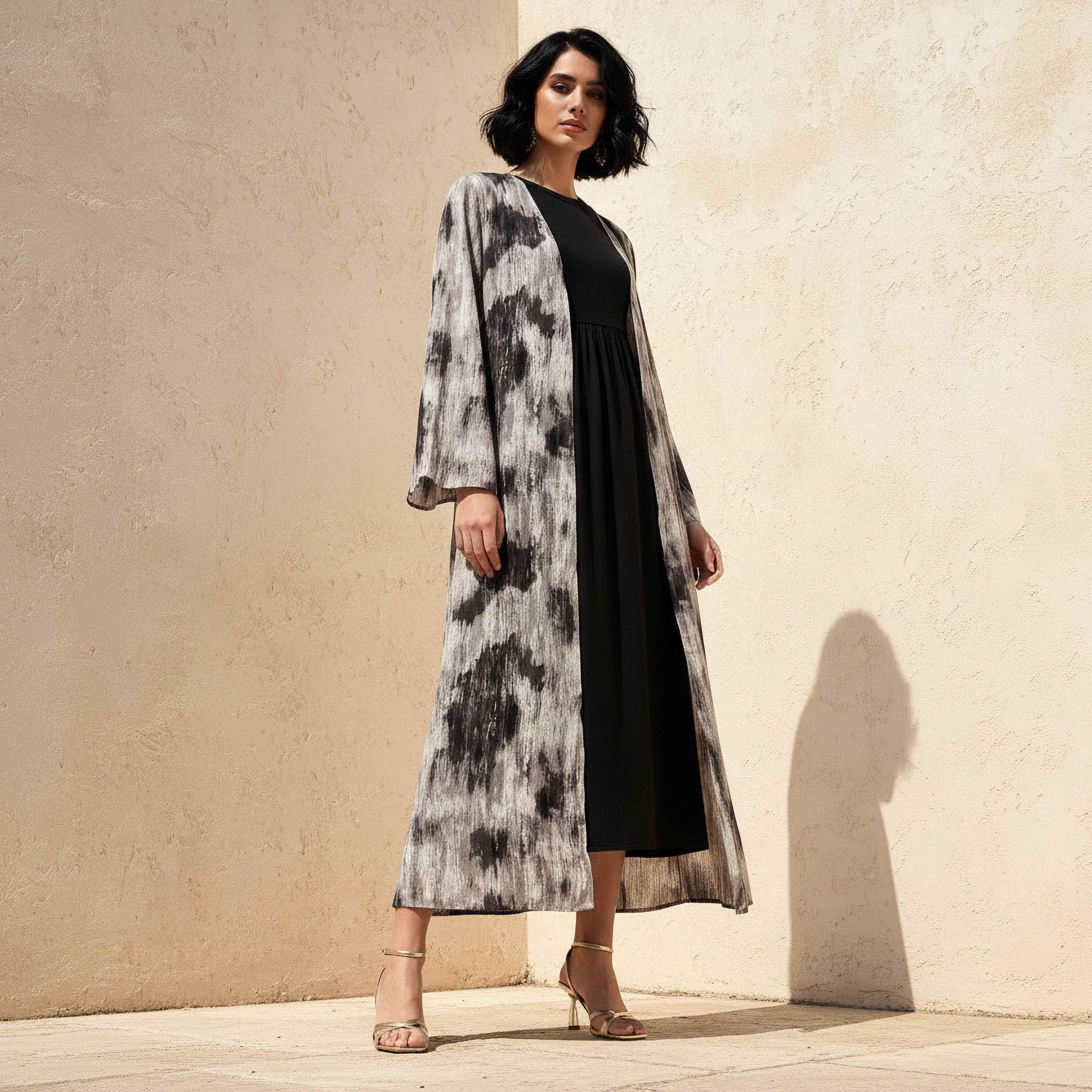 Regular Fit Kimono Abaya Shrug with Print-women-arabicclothing-abayas-image-1