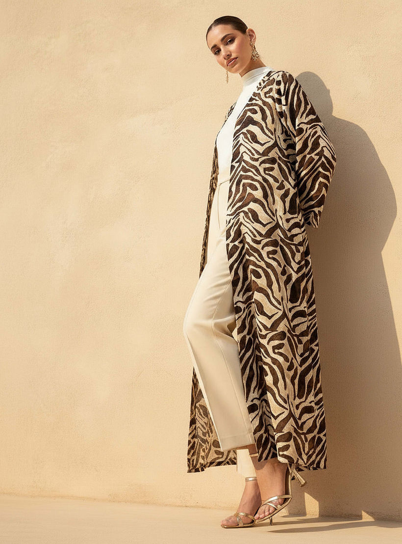 Regular Fit Kimono Abaya Shrug with Animal Print-women-arabicclothing-abayas-image-1