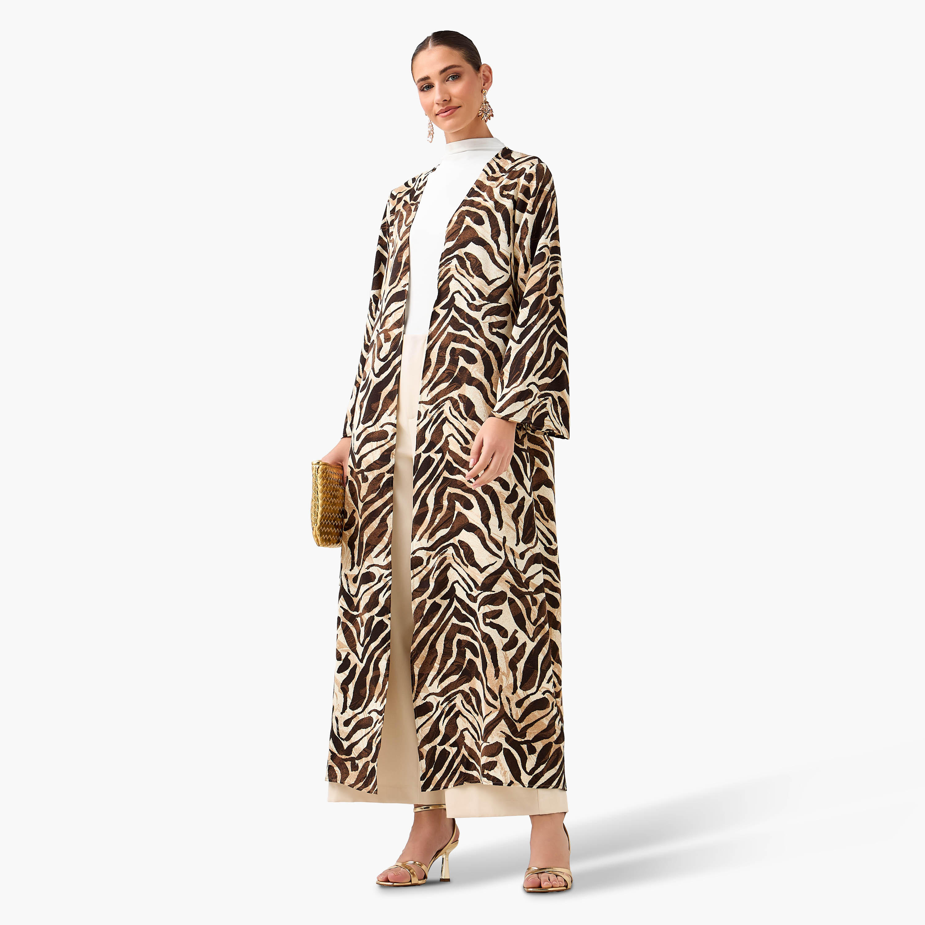 Regular Fit Kimono Abaya Shrug with Animal Print-women-arabicclothing-abayas-image-3