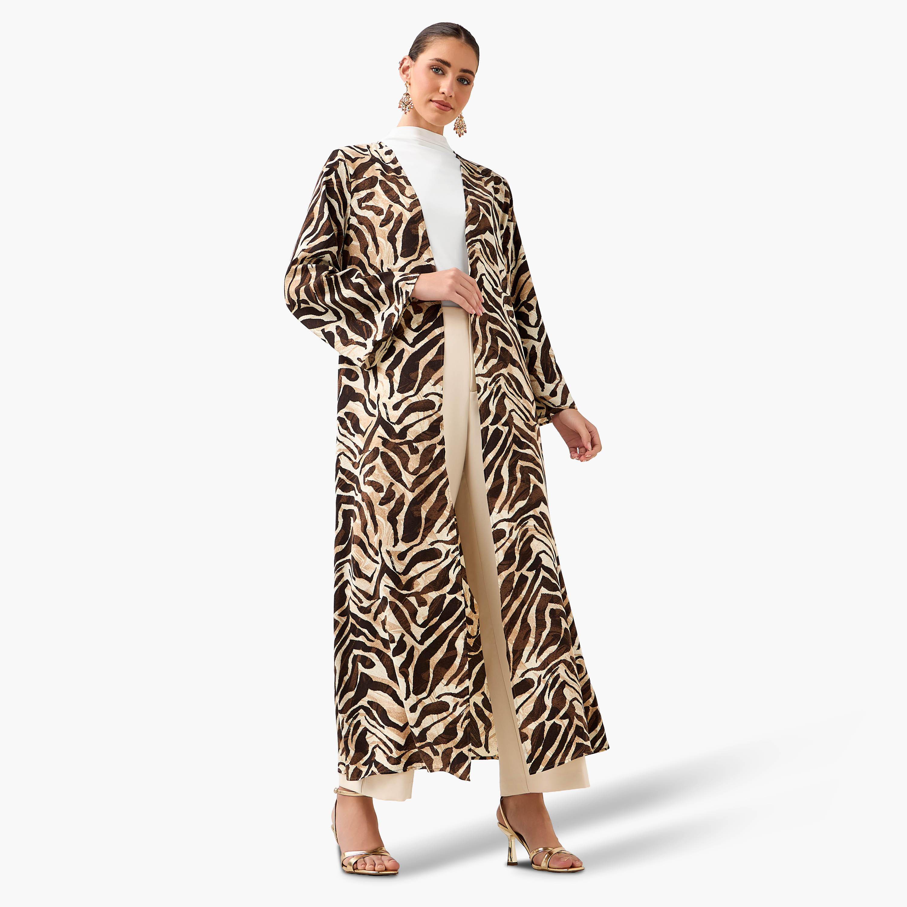 Regular Fit Kimono Abaya Shrug with Animal Print-women-arabicclothing-abayas-image-4