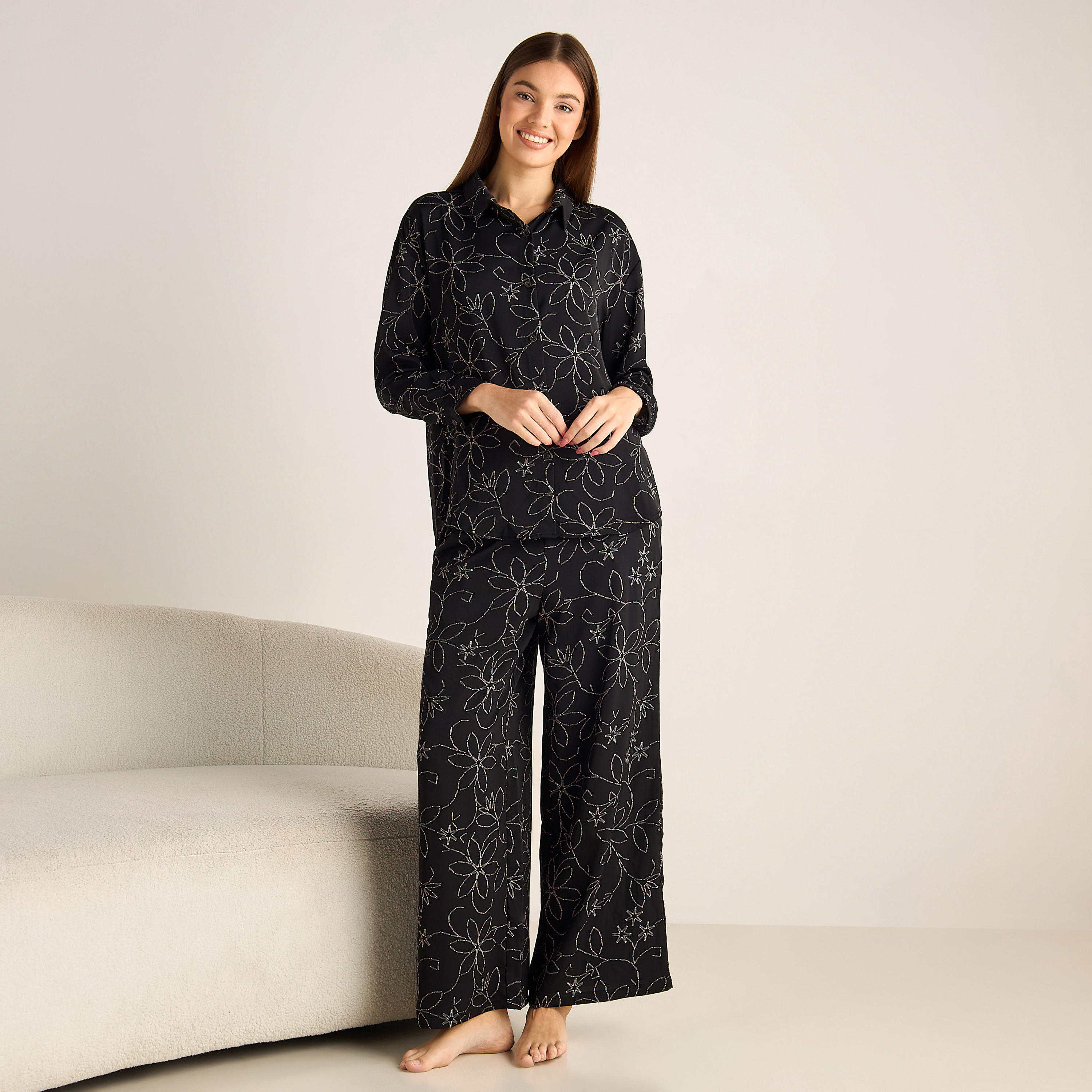 Pyjama Set Button-Down Shirt & Trousers-women-clothing-coordsets-image-2