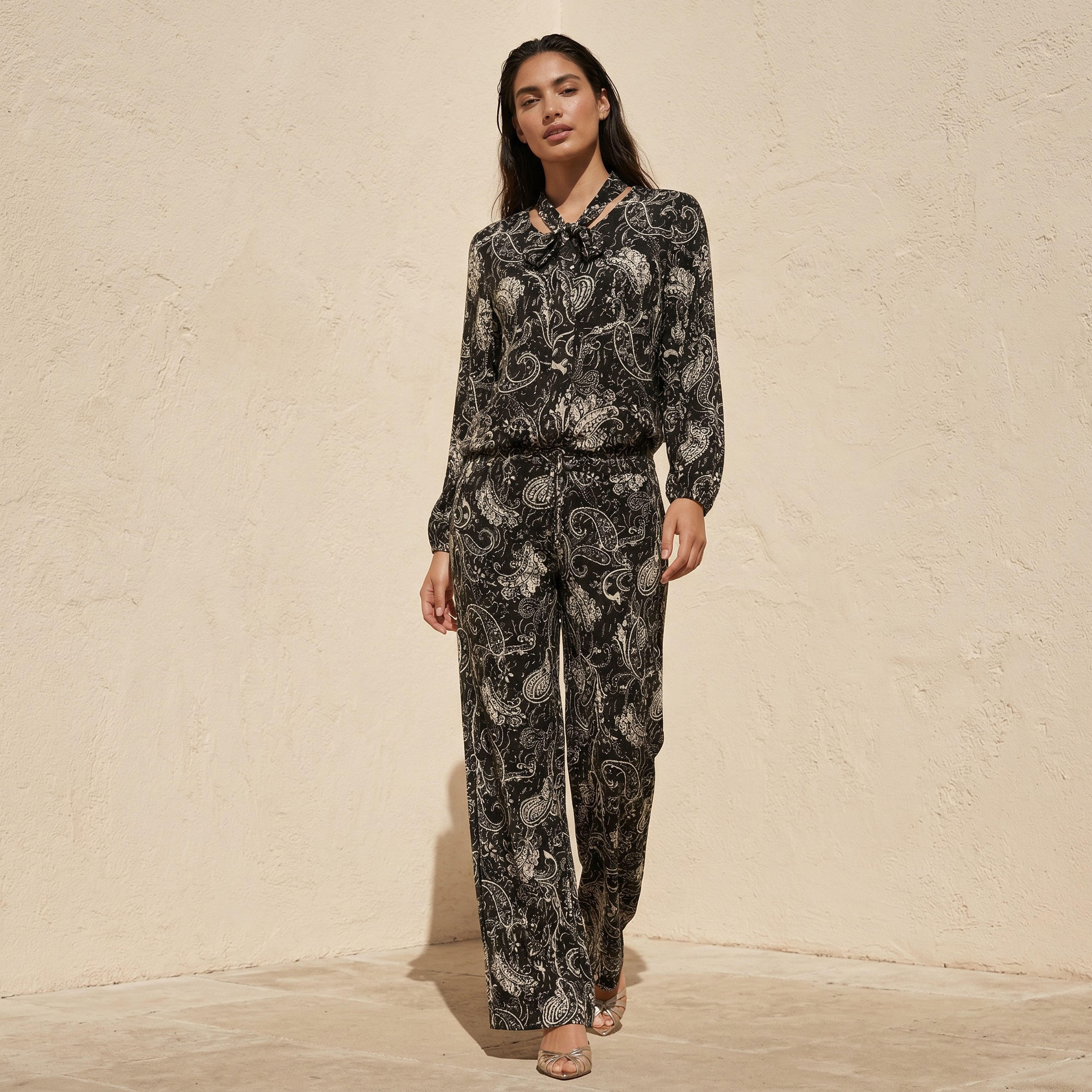 Printed Neck Tie Blouse with Bottom Co-ord Set-women-clothing-coordsets-image-1
