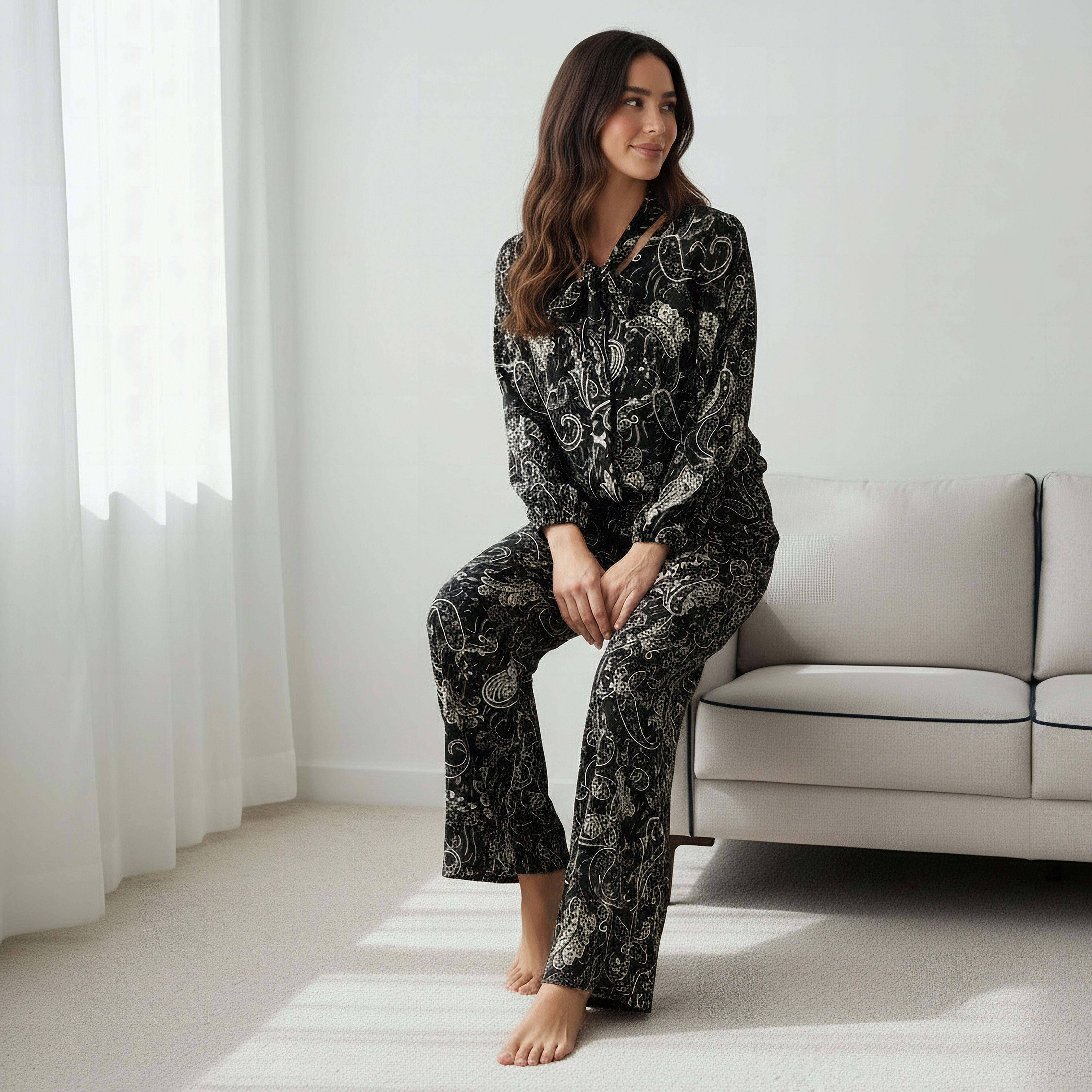 Printed Neck Tie Blouse with Bottom Co-ord Set-women-clothing-coordsets-image-3