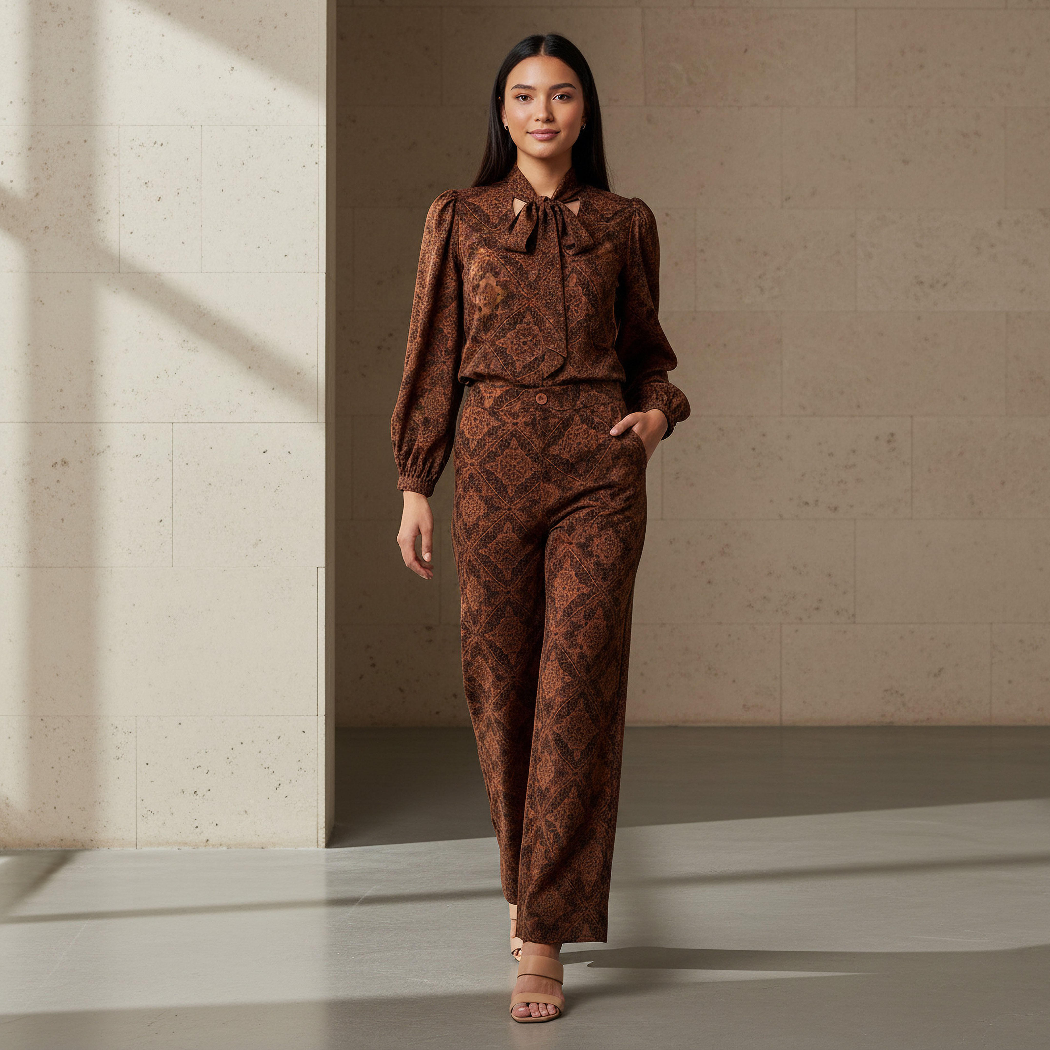 طقم بنطلون وبلوزة بياقة برباط وطبعات-women-clothing-coordsets-image-1