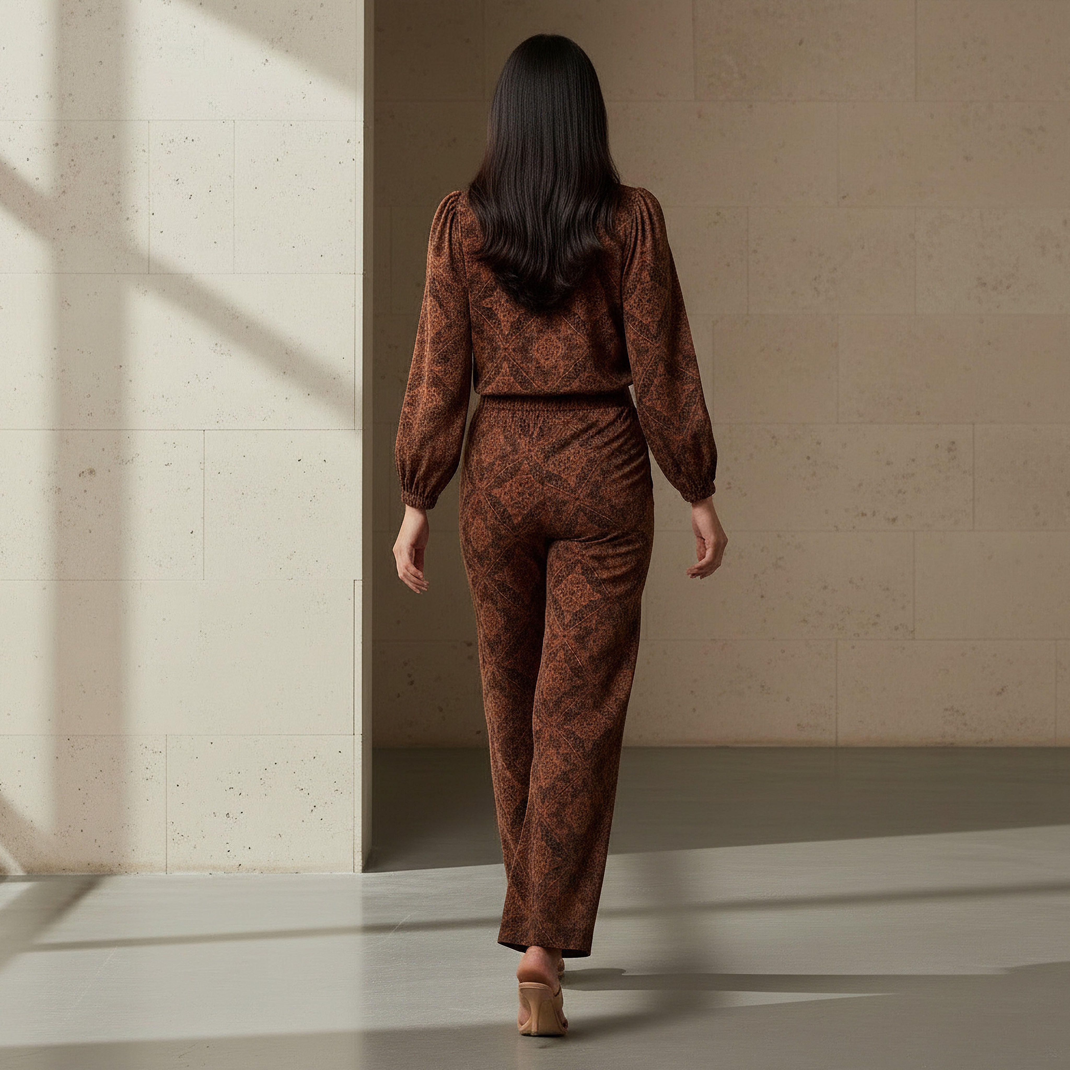طقم بنطلون وبلوزة بياقة برباط وطبعات-women-clothing-coordsets-image-3