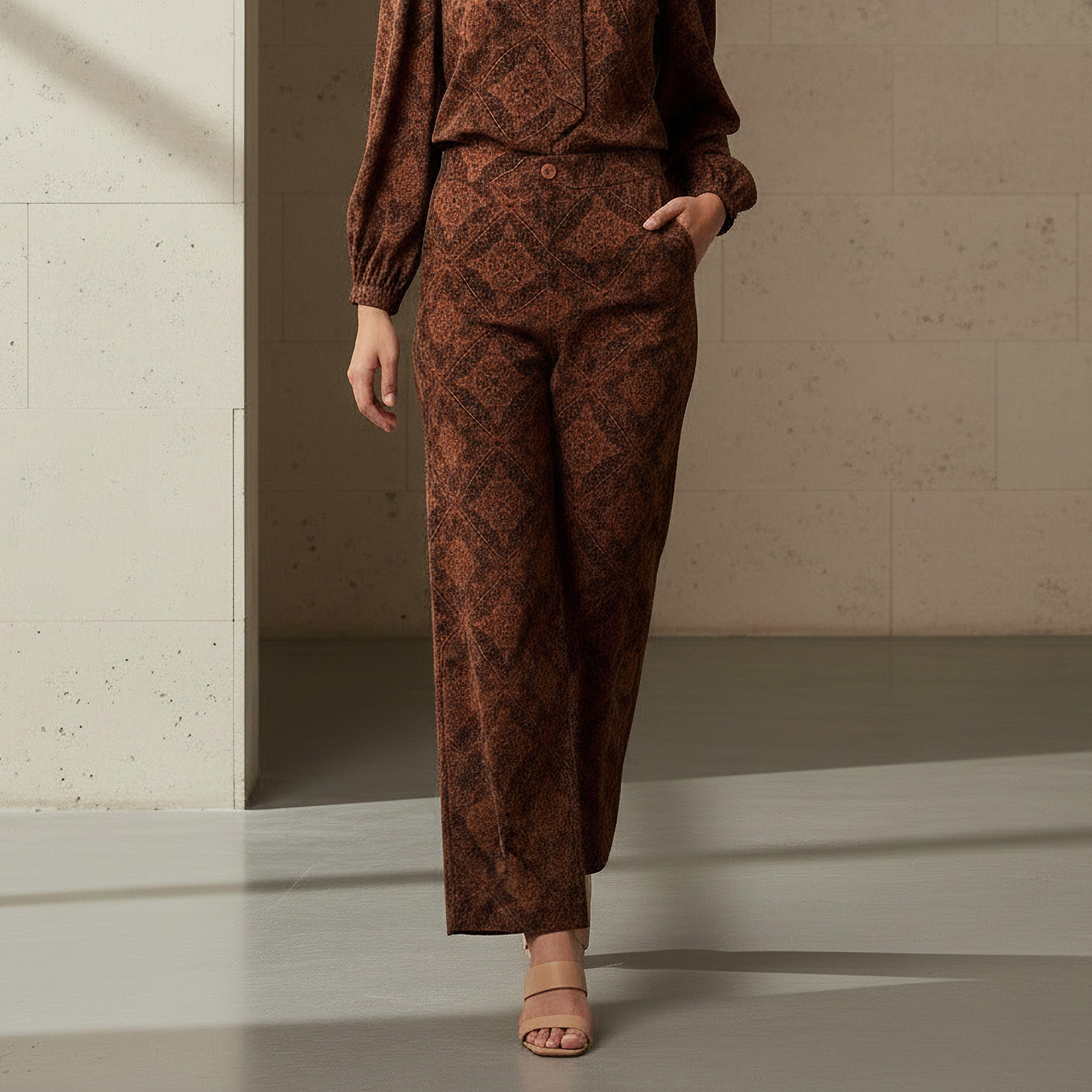 طقم بنطلون وبلوزة بياقة برباط وطبعات-women-clothing-coordsets-image-4
