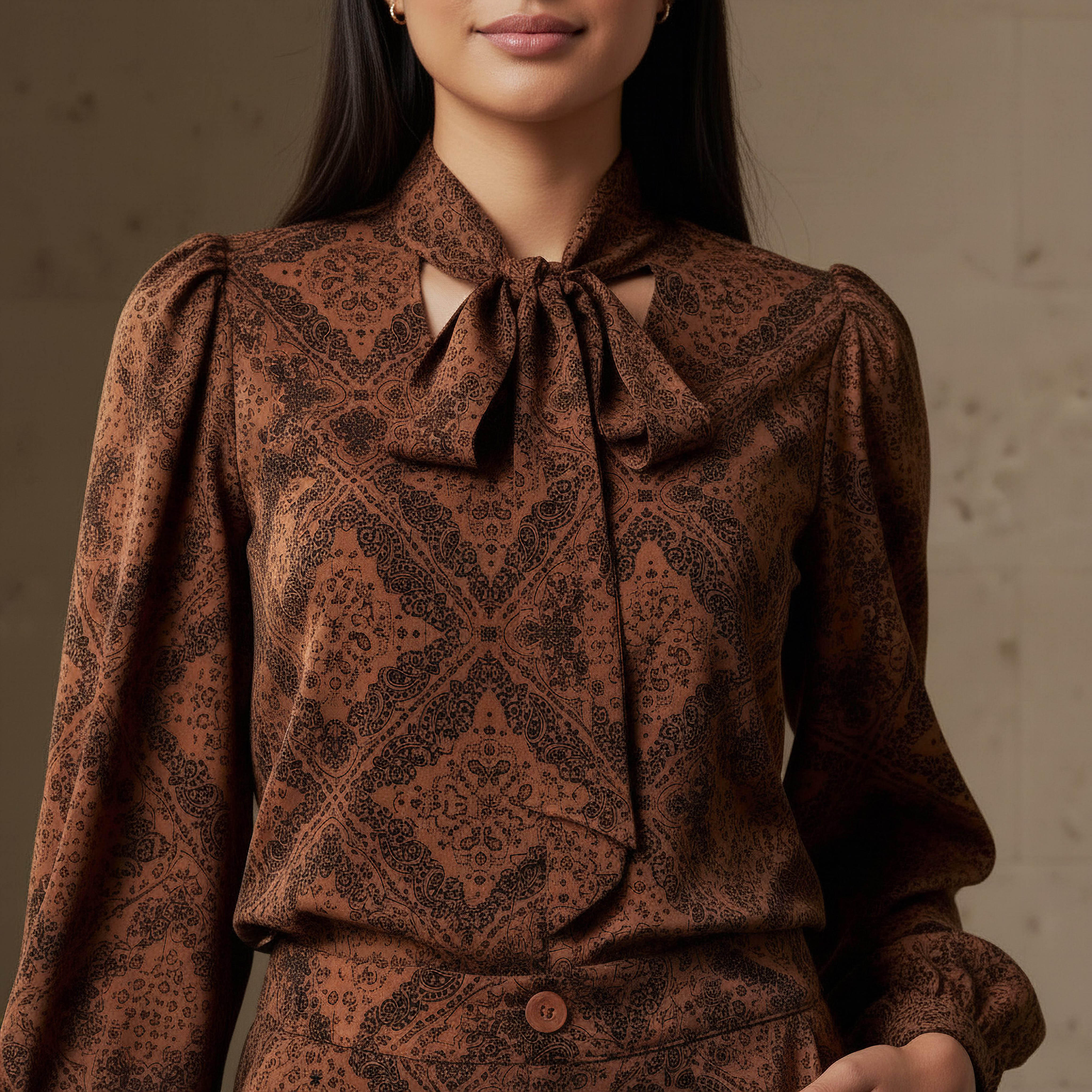 طقم بنطلون وبلوزة بياقة برباط وطبعات-women-clothing-coordsets-image-5