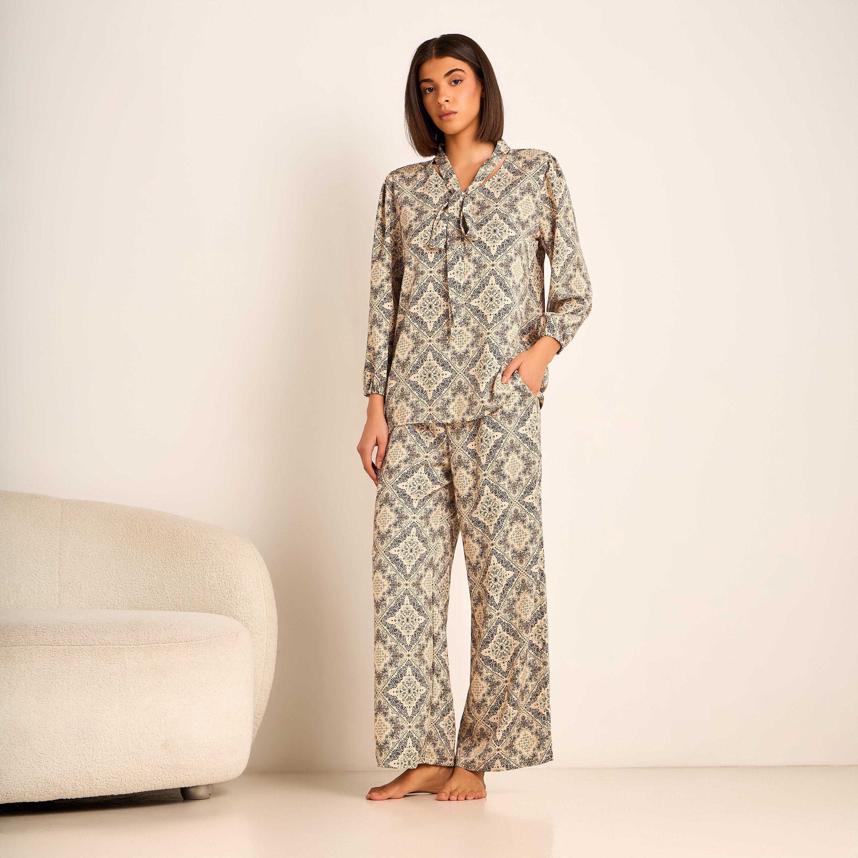 Printed Neck Tie Blouse with Bottom Co-ord Set-women-clothing-coordsets-image-2