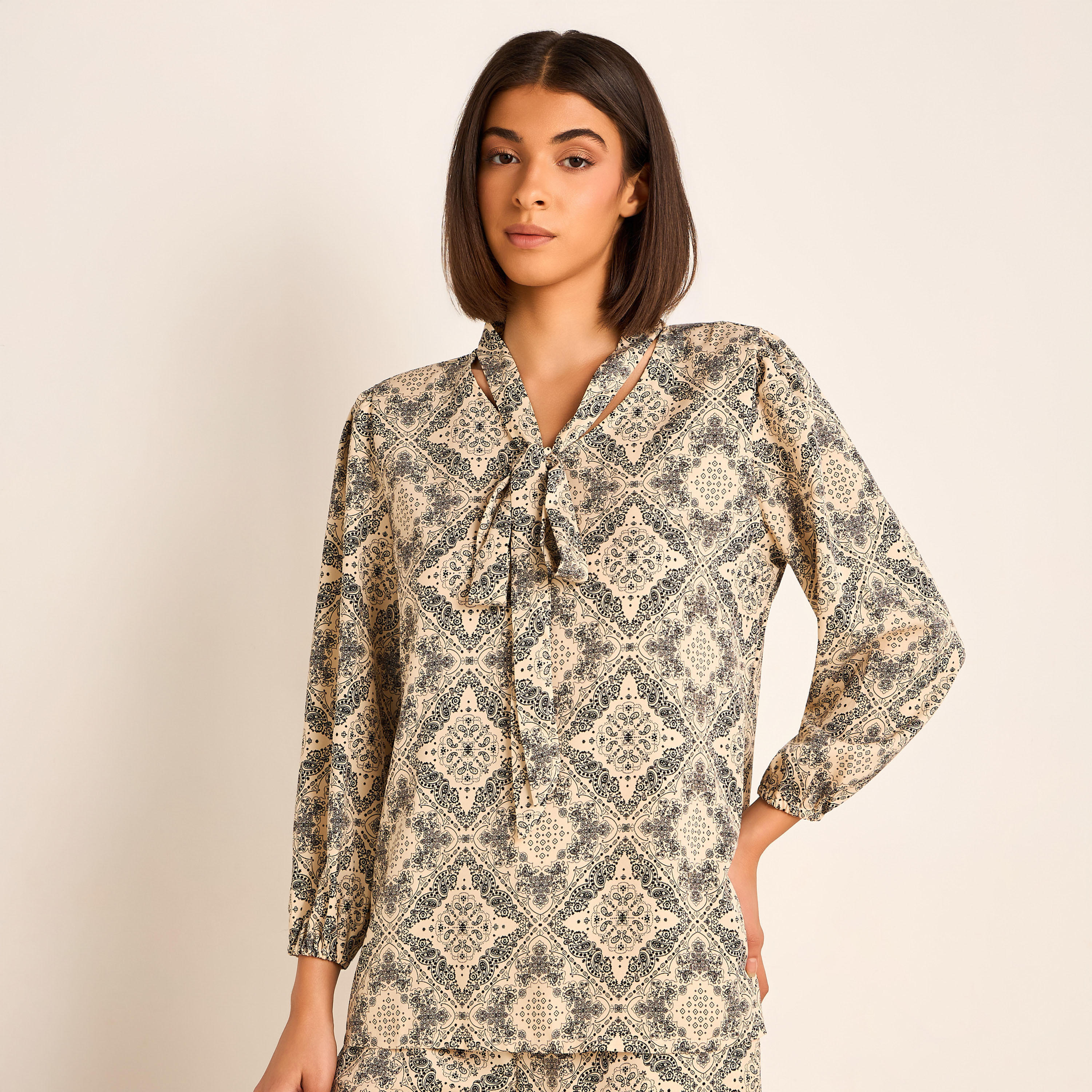 Printed Neck Tie Blouse with Bottom Co-ord Set-women-clothing-coordsets-image-3