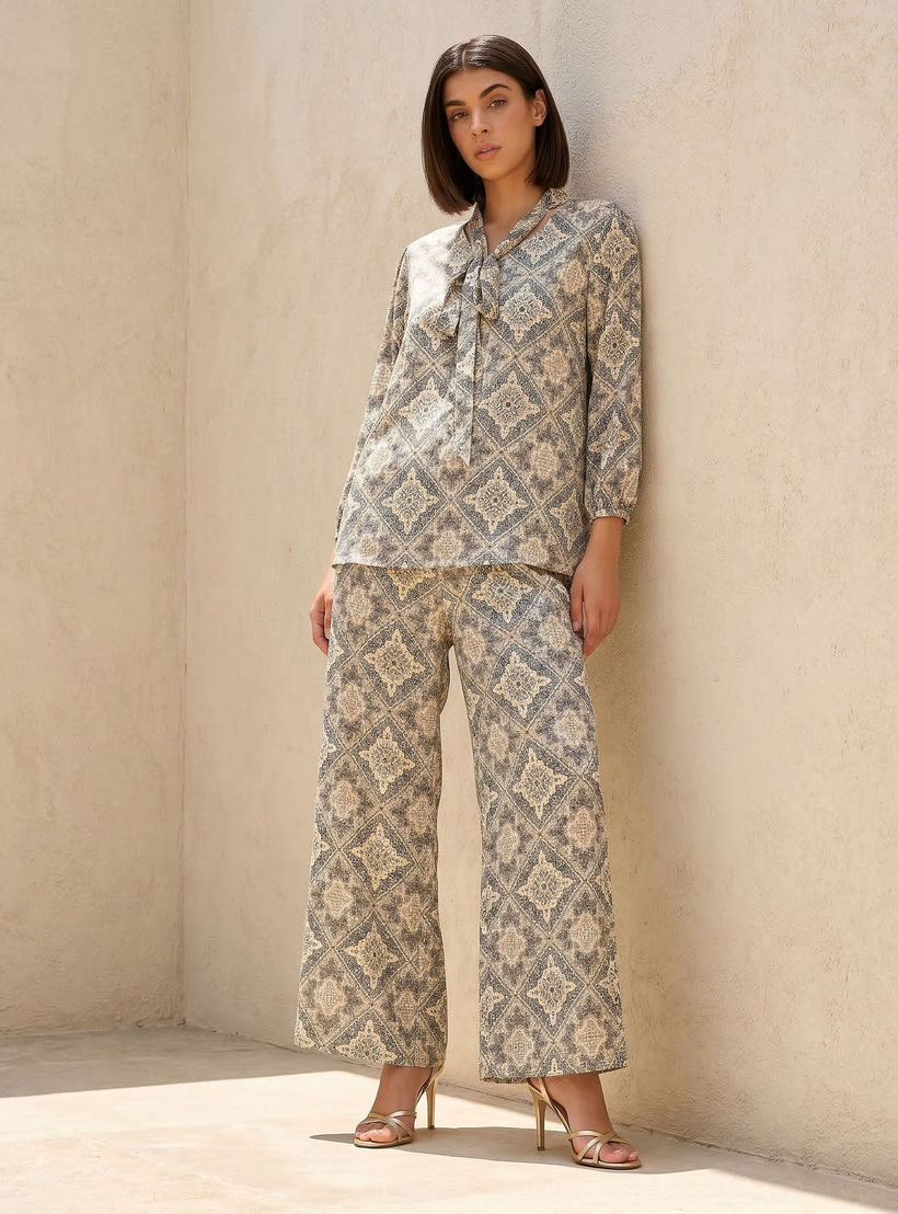 Printed Neck Tie Blouse with Bottom Co-ord Set-women-clothing-coordsets-image-1