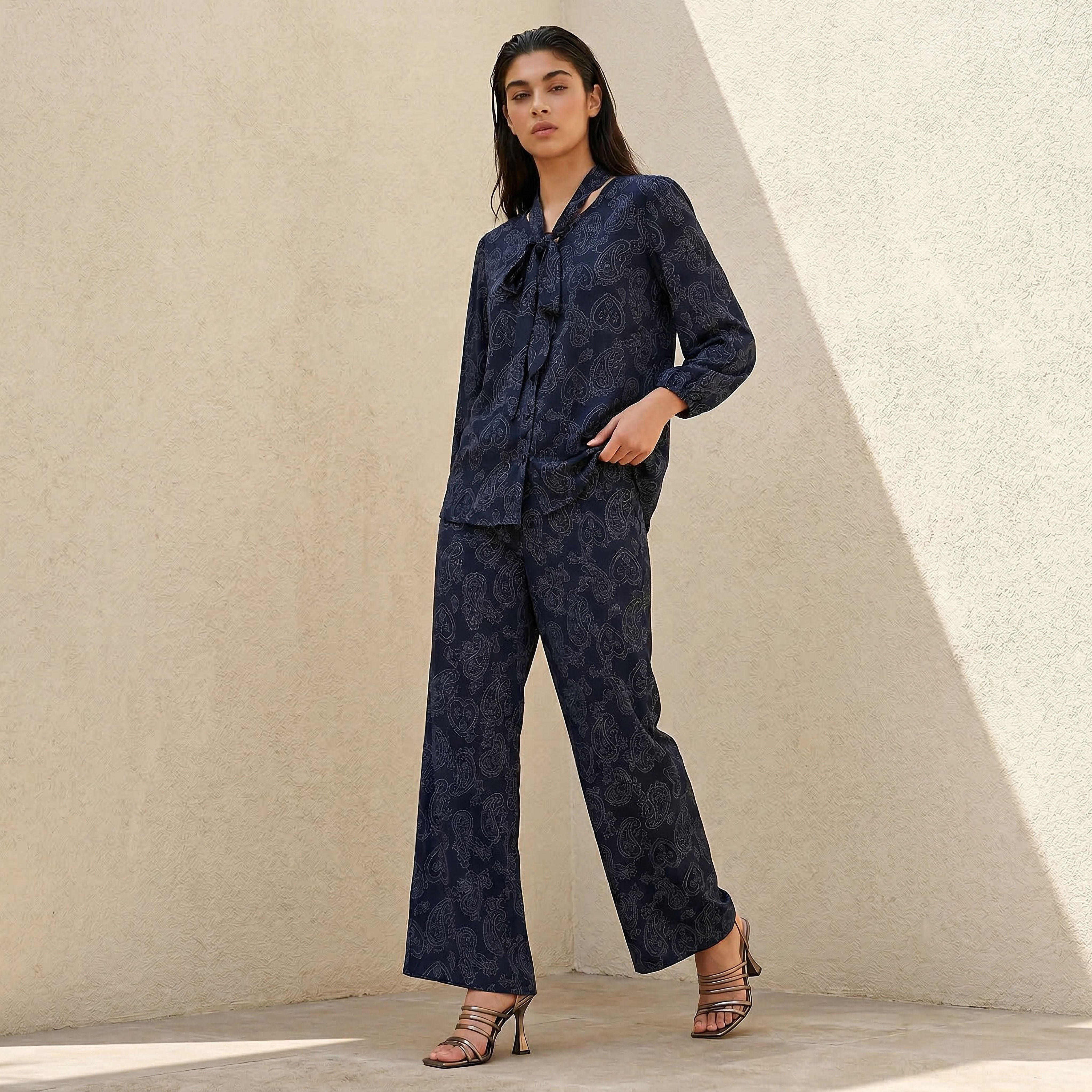 Printed Neck Tie Blouse with Bottom Co-ord Set-women-clothing-coordsets-image-1