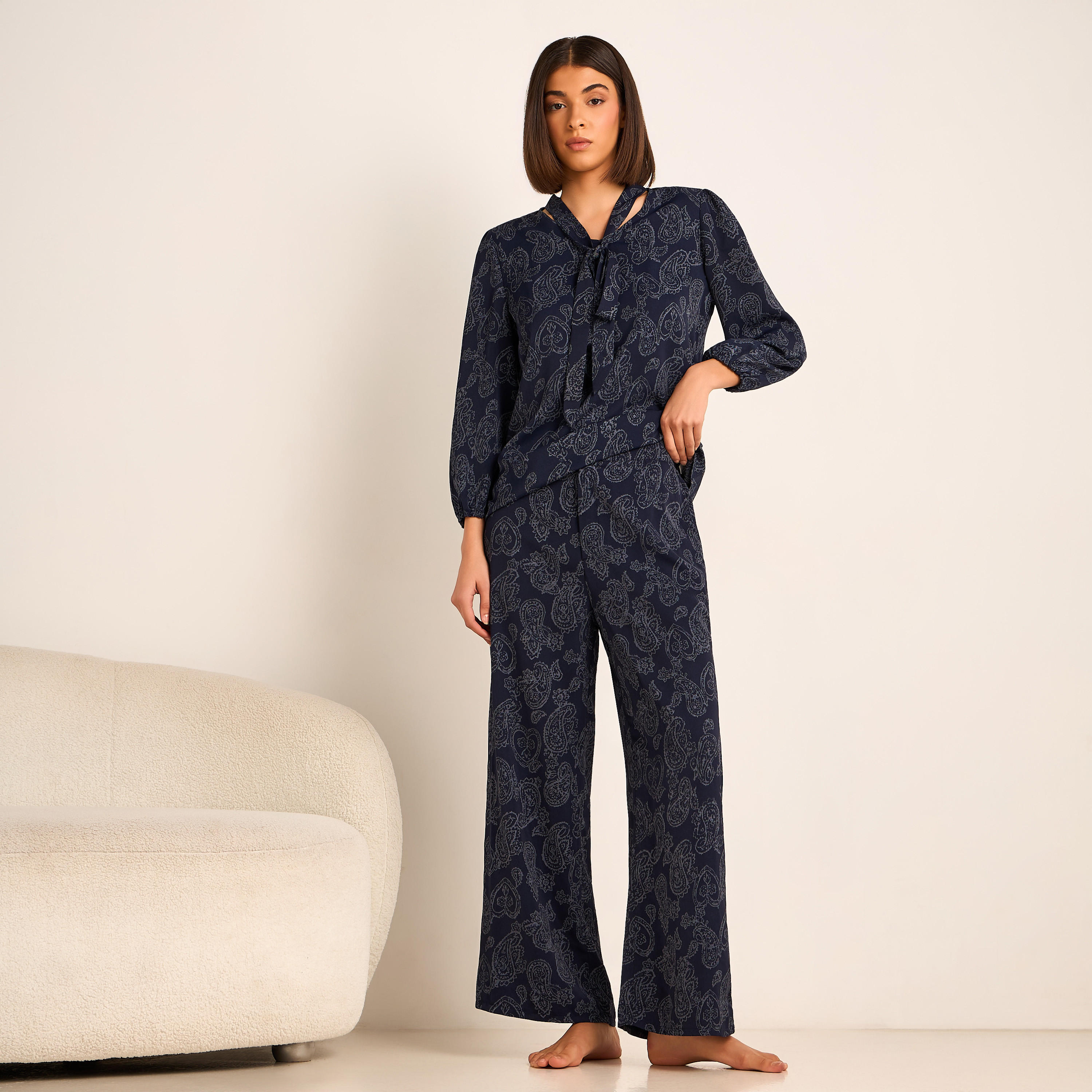 Printed Neck Tie Blouse with Bottom Co-ord Set-women-clothing-coordsets-image-2