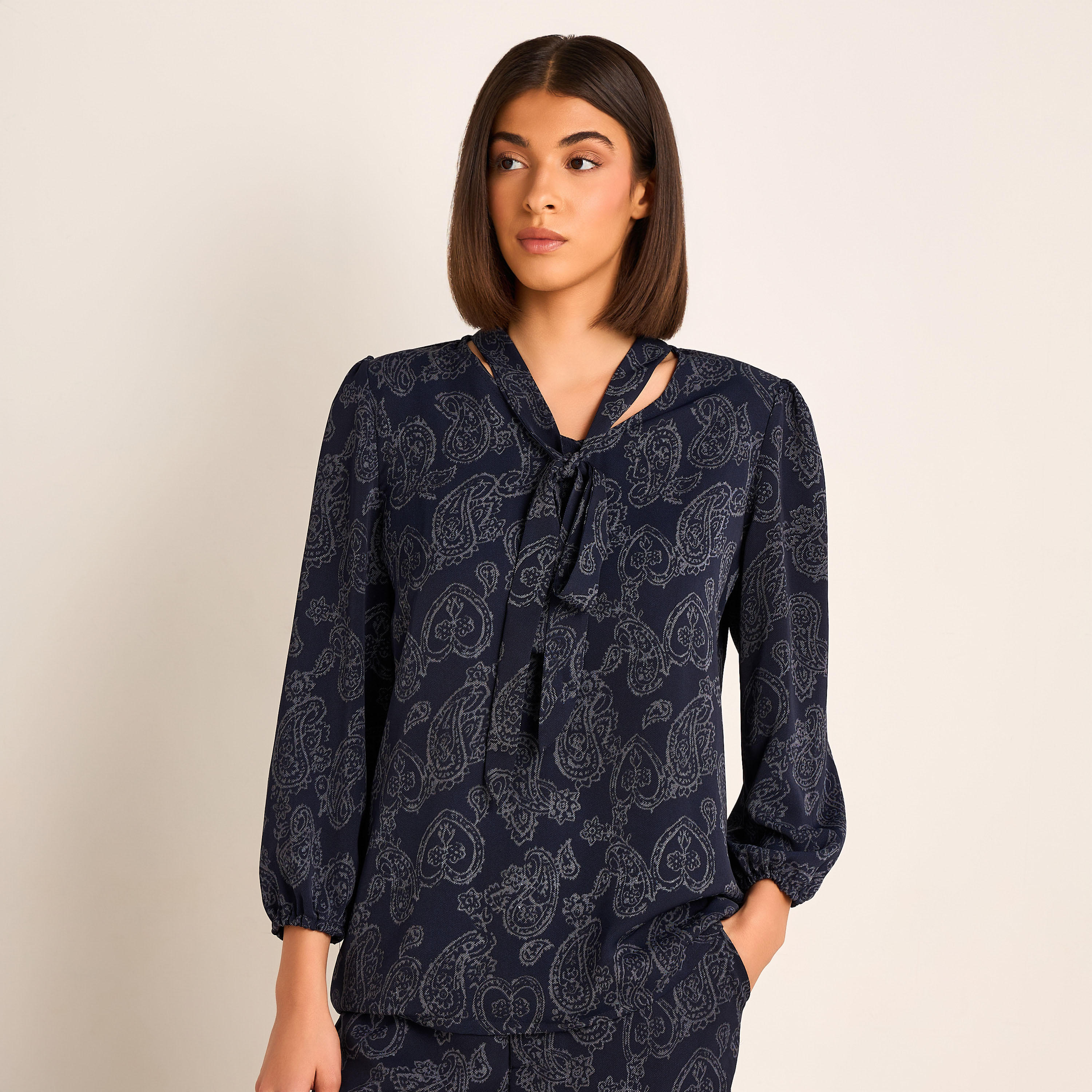 Printed Neck Tie Blouse with Bottom Co-ord Set-women-clothing-coordsets-image-3