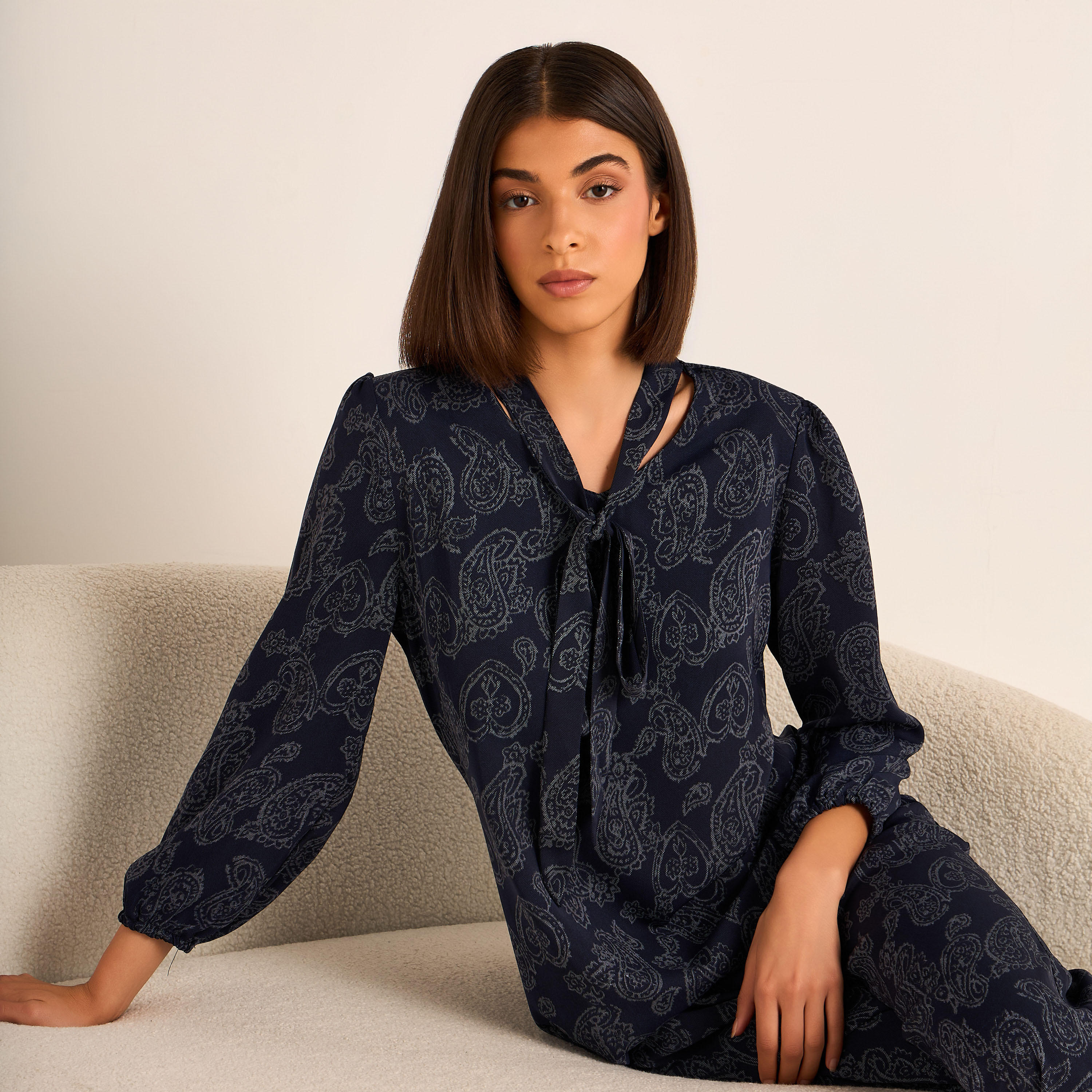 Printed Neck Tie Blouse with Bottom Co-ord Set-women-clothing-coordsets-image-8