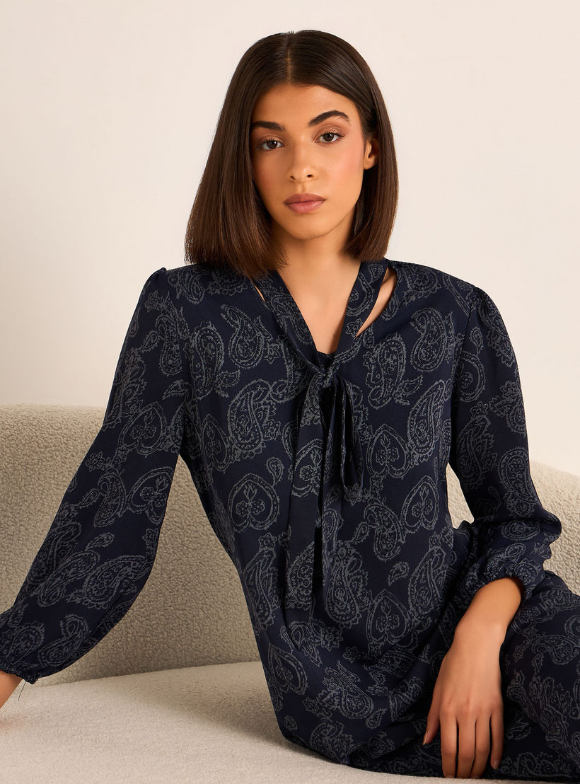 Printed Neck Tie Blouse with Bottom Co-ord Set-women-clothing-coordsets-image-8