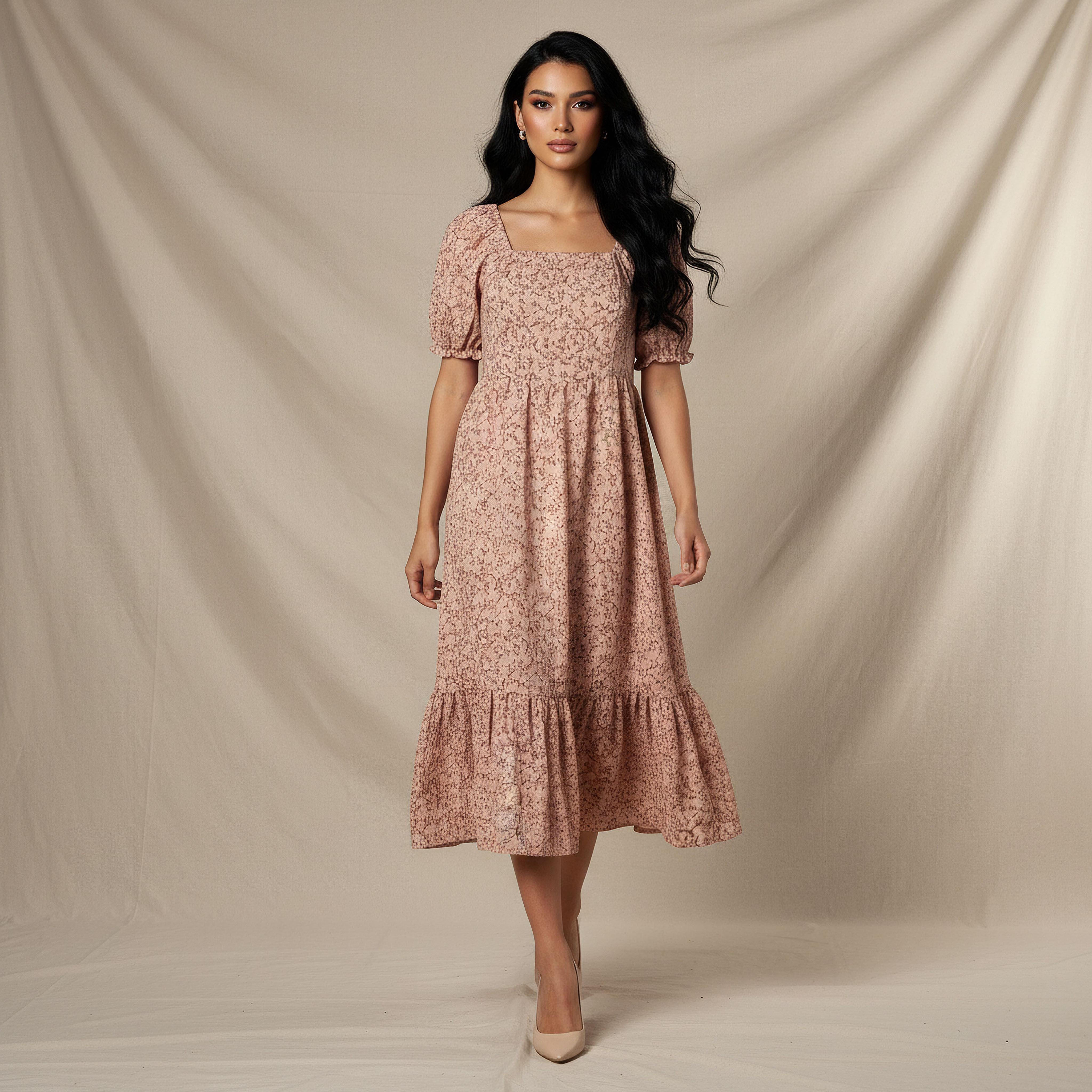 Floral Print Midi Dress with Square Neck-women-clothing-dresses-image-1