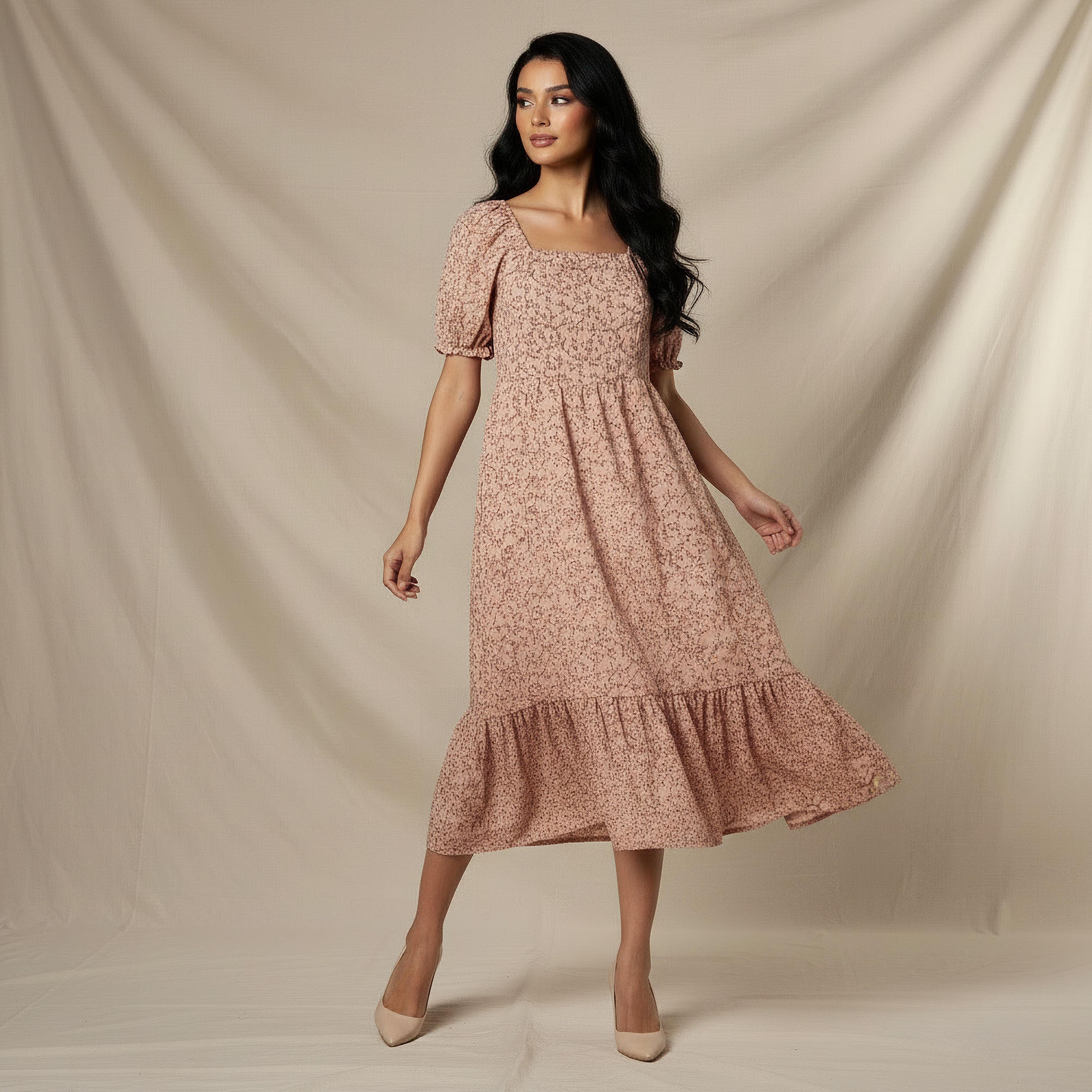 Floral Print Midi Dress with Square Neck-women-clothing-dresses-image-2