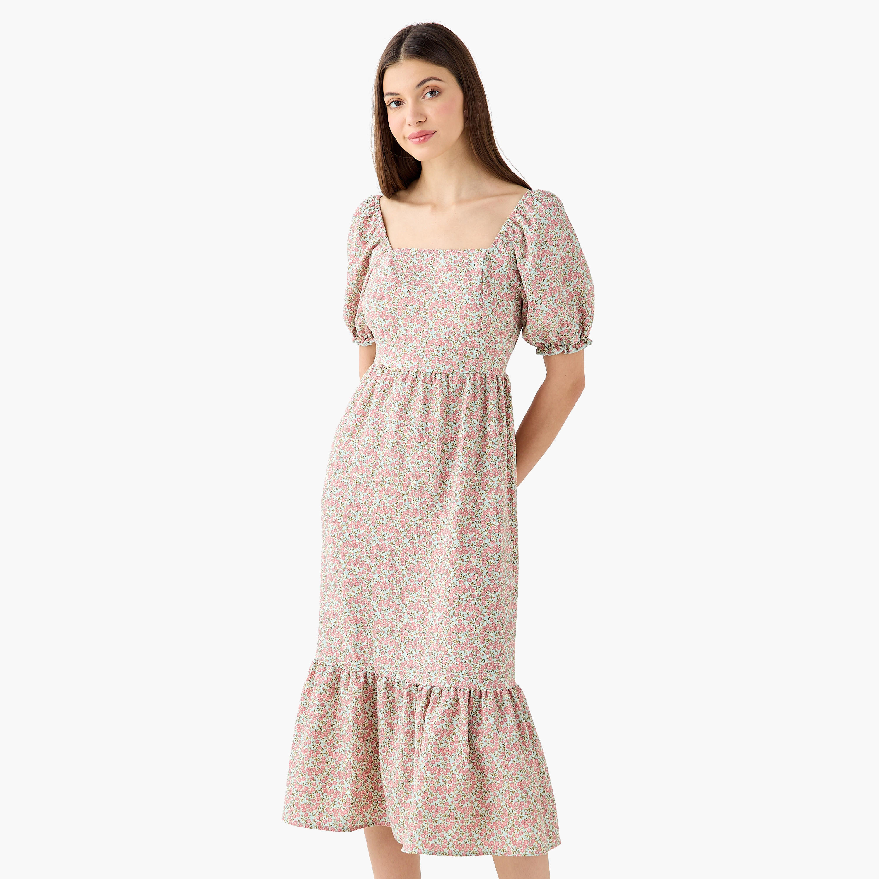 Floral Print Midi Dress with Square Neck-women-clothing-dresses-image-1