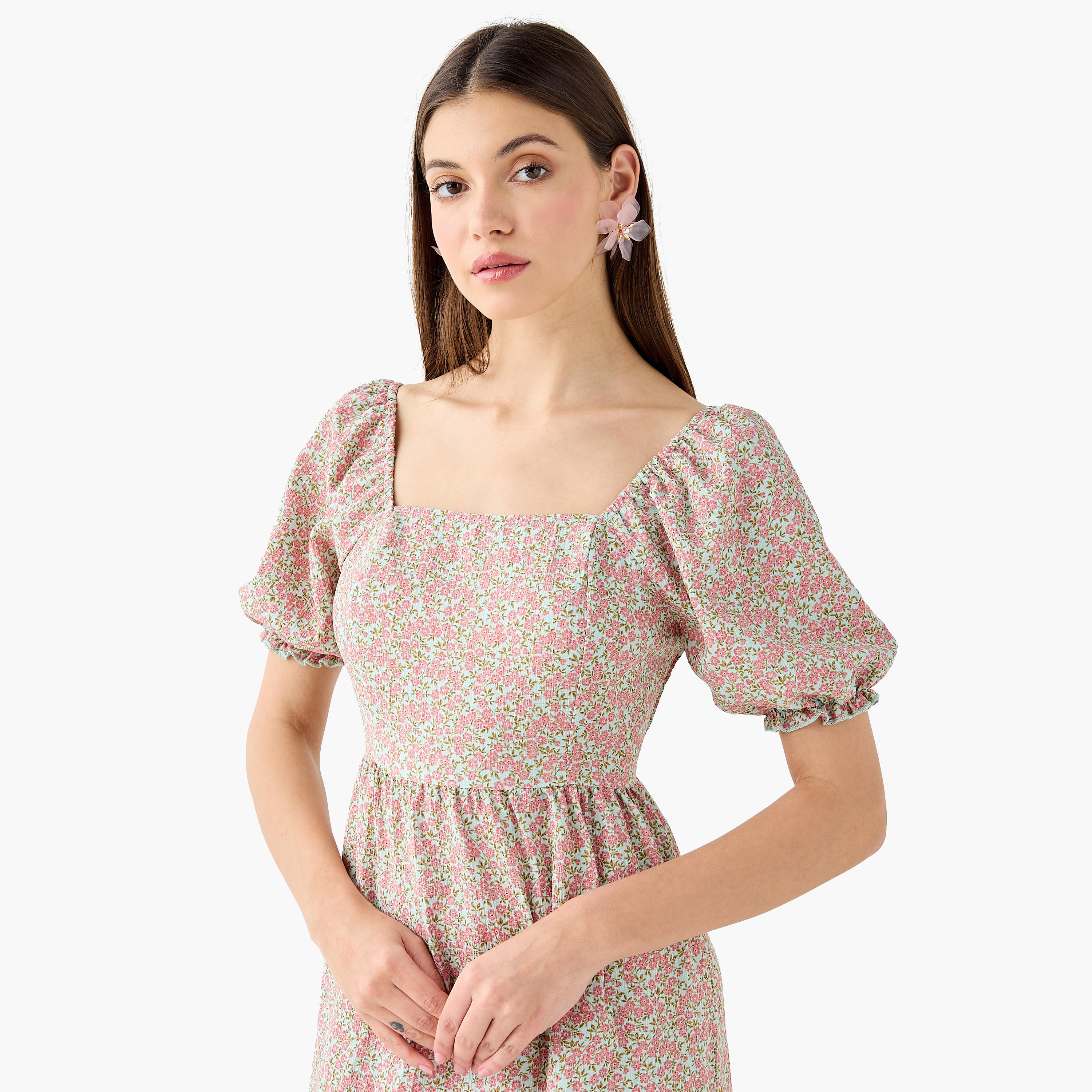 Floral Print Midi Dress with Square Neck-women-clothing-dresses-image-3