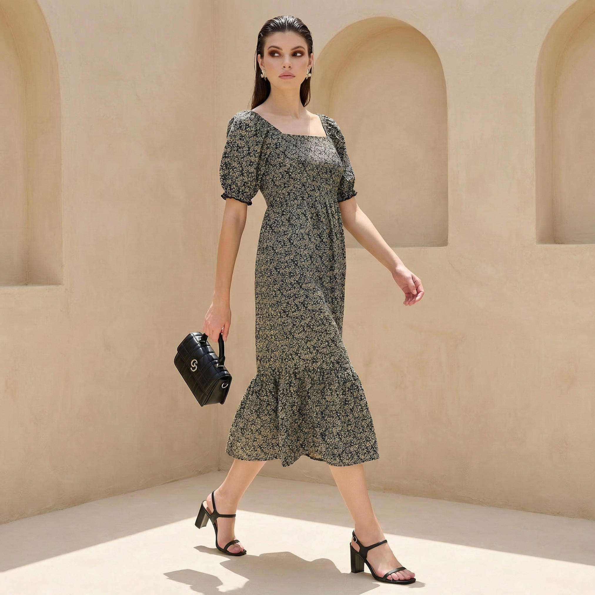 Floral Print Midi Dress with Square Neck-women-clothing-dresses-image-1