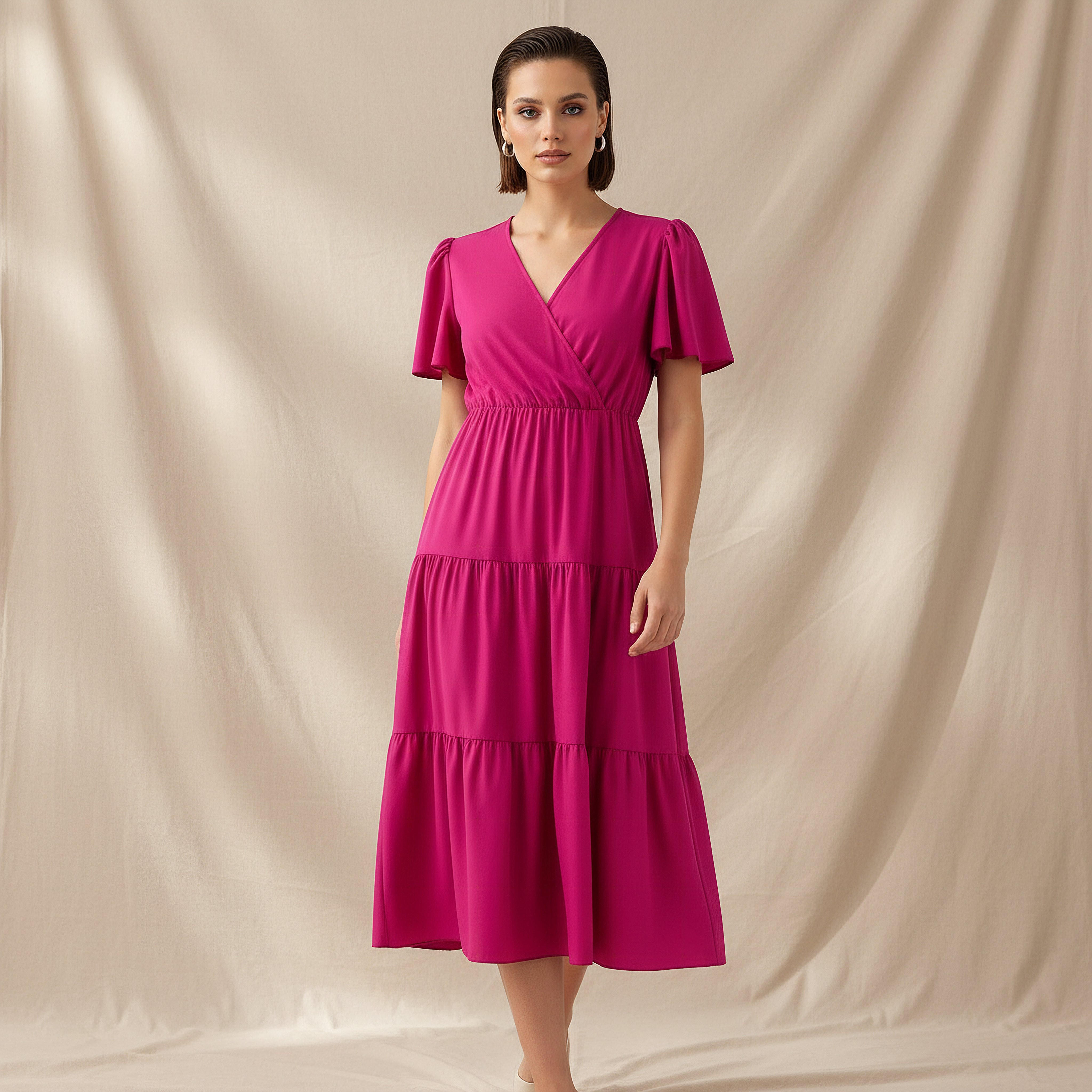 فستان ميدي لف بطبقات وبياقة V-women-clothing-dresses-image-1