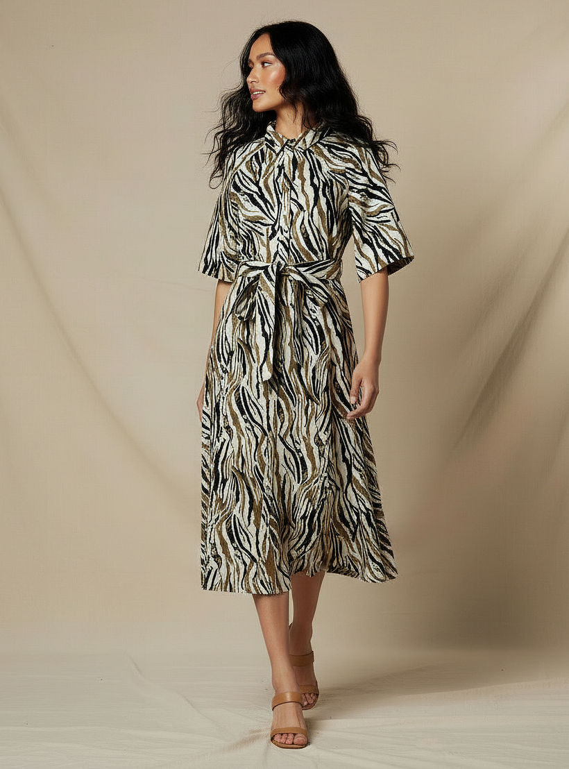 Printed Shirt Women Dress with Belt-women-clothing-dresses-image-2