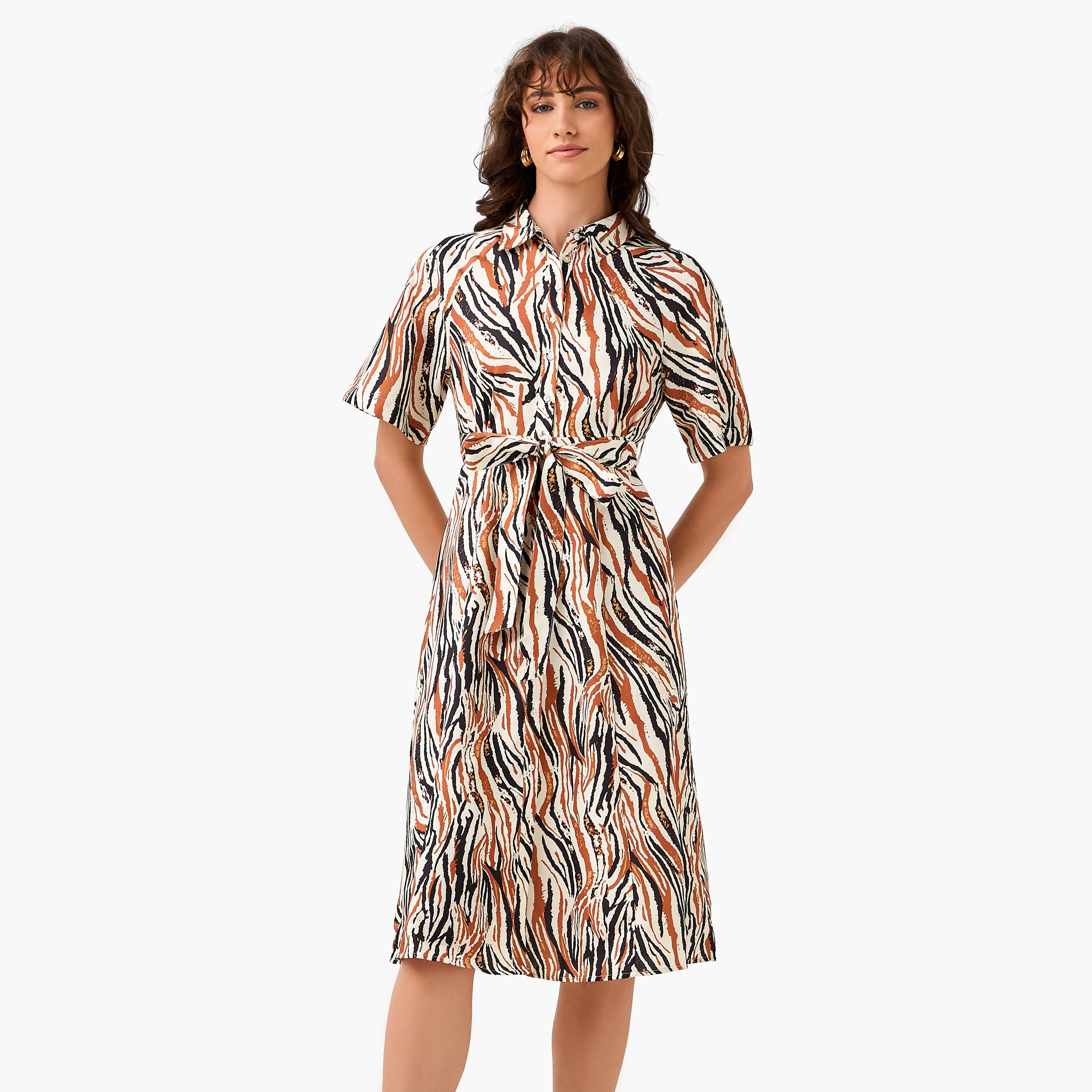 Printed Shirt Women Dress with Belt-women-clothing-dresses-image-2