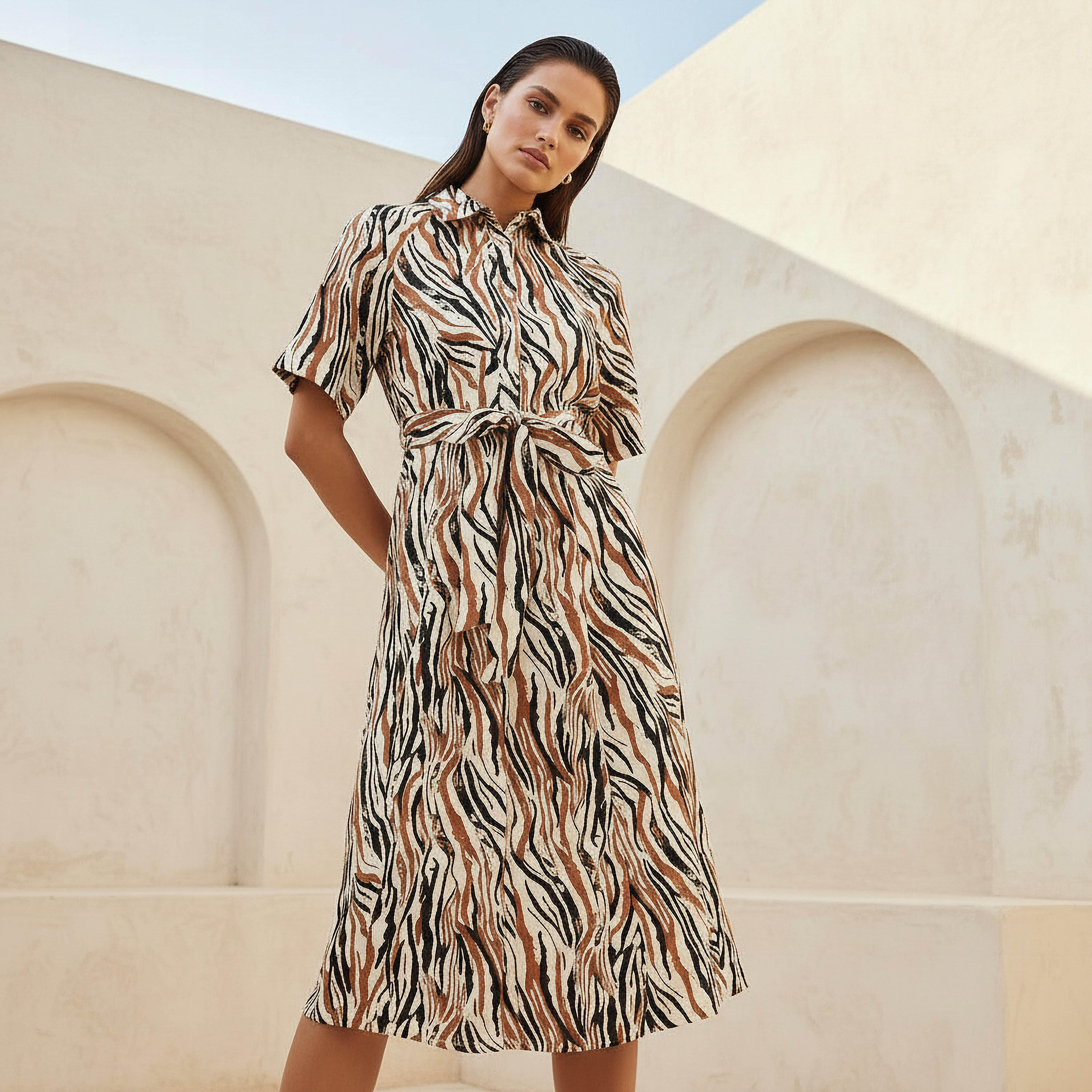 Printed Shirt Women Dress with Belt-women-clothing-dresses-image-1