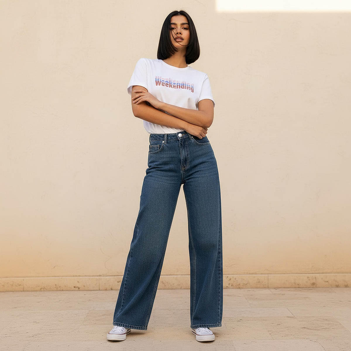 بنطلون جينز قطن واسع الساق بزر إغلاق وجيوب من لي كوبر-women-clothing-bottoms-jeans-image-3
