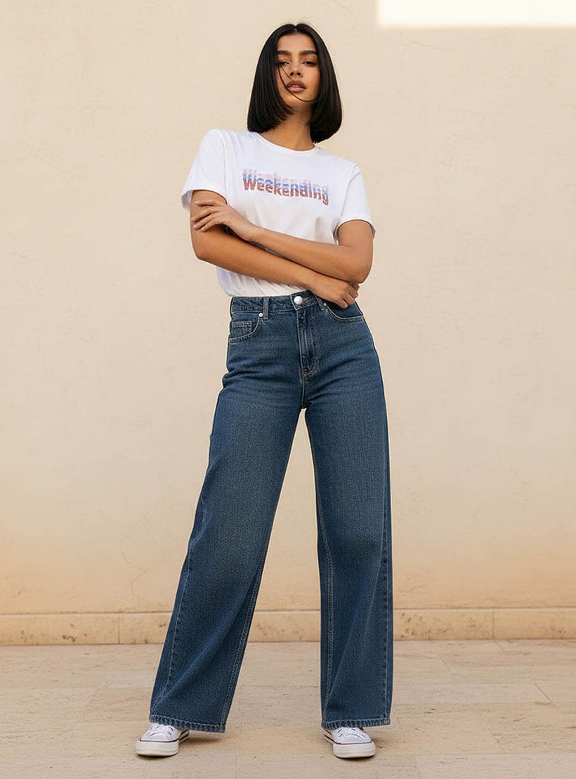 بنطلون جينز قطن واسع الساق بزر إغلاق وجيوب من لي كوبر-women-clothing-bottoms-jeans-image-3