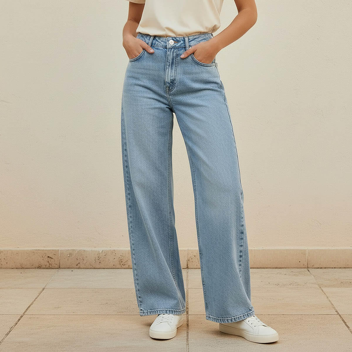 بنطلون جينز قطن واسع الساق بزر إغلاق وجيوب من لي كوبر-women-clothing-bottoms-jeans-image-1