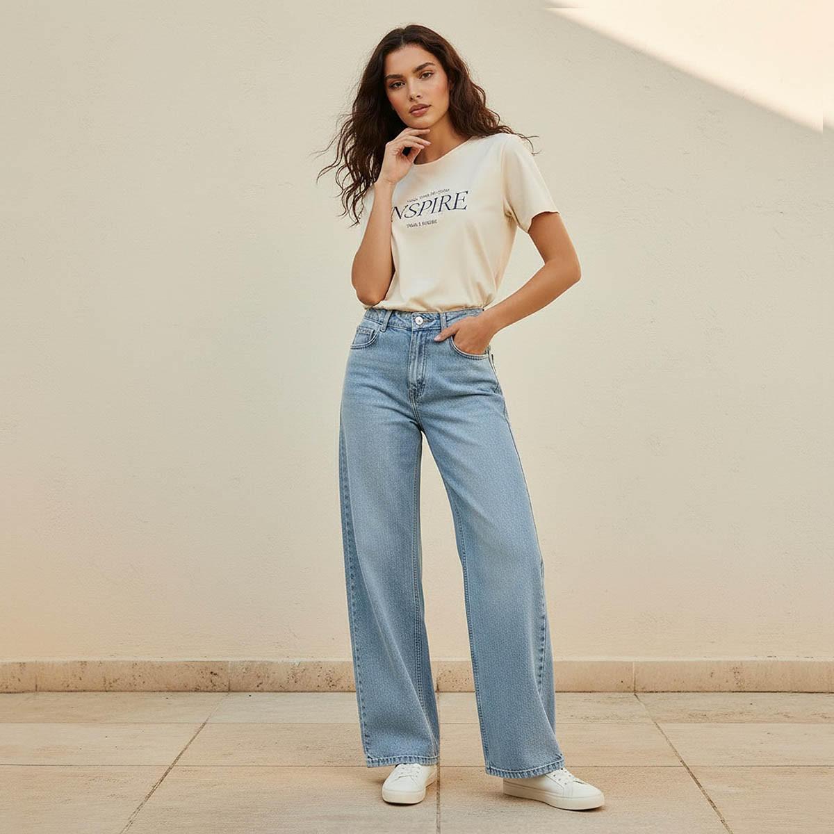بنطلون جينز قطن واسع الساق بزر إغلاق وجيوب من لي كوبر-women-clothing-bottoms-jeans-image-5