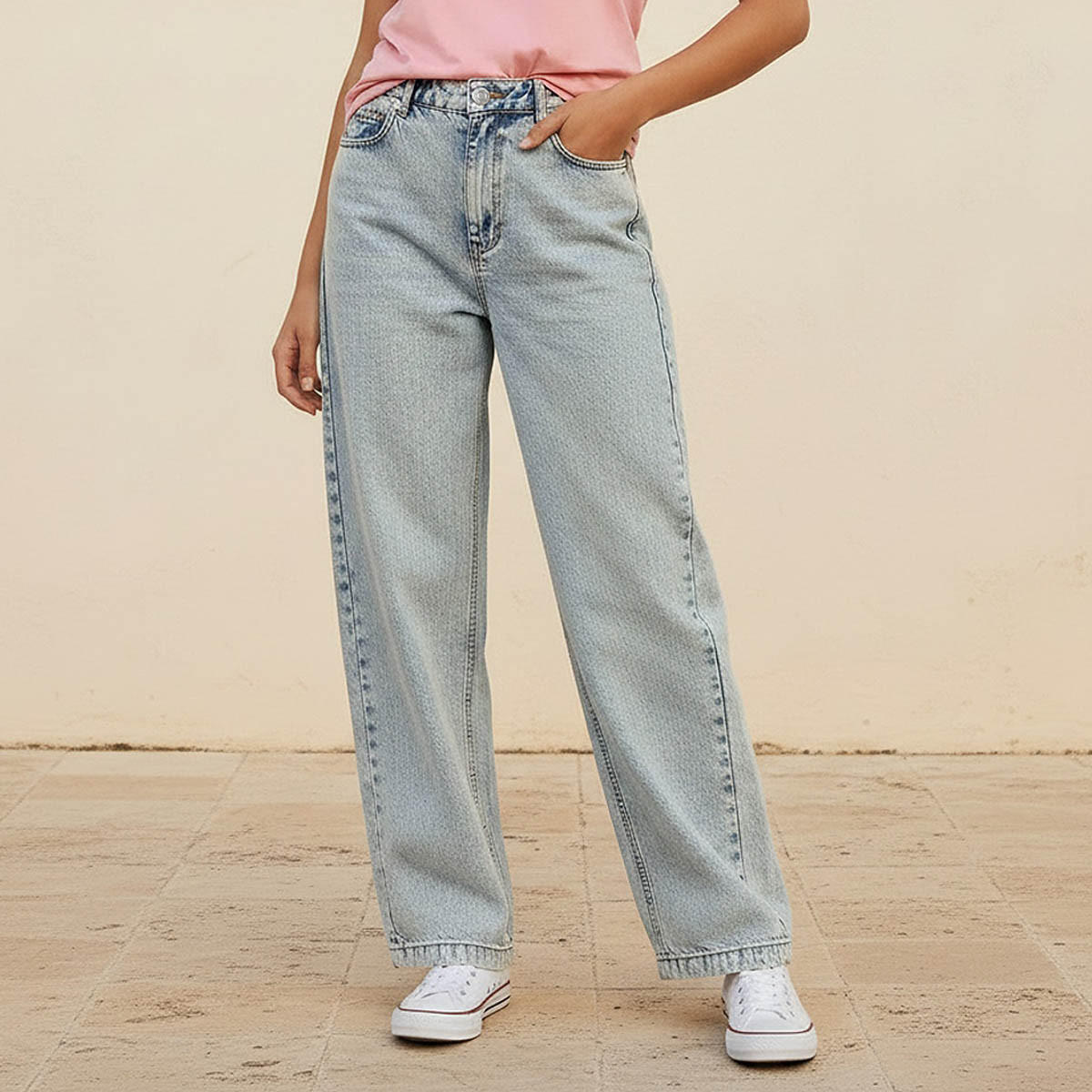 بنطلون جينز قطن واسع الساق بخصر أزرار وجيوب من لي كوبر-women-clothing-bottoms-jeans-image-1