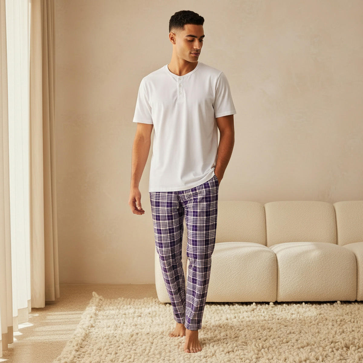 طقم بيجاما نوم قطن كاروهات بخصر رباط للرجال-men-clothing-nightwear-sets-image-7