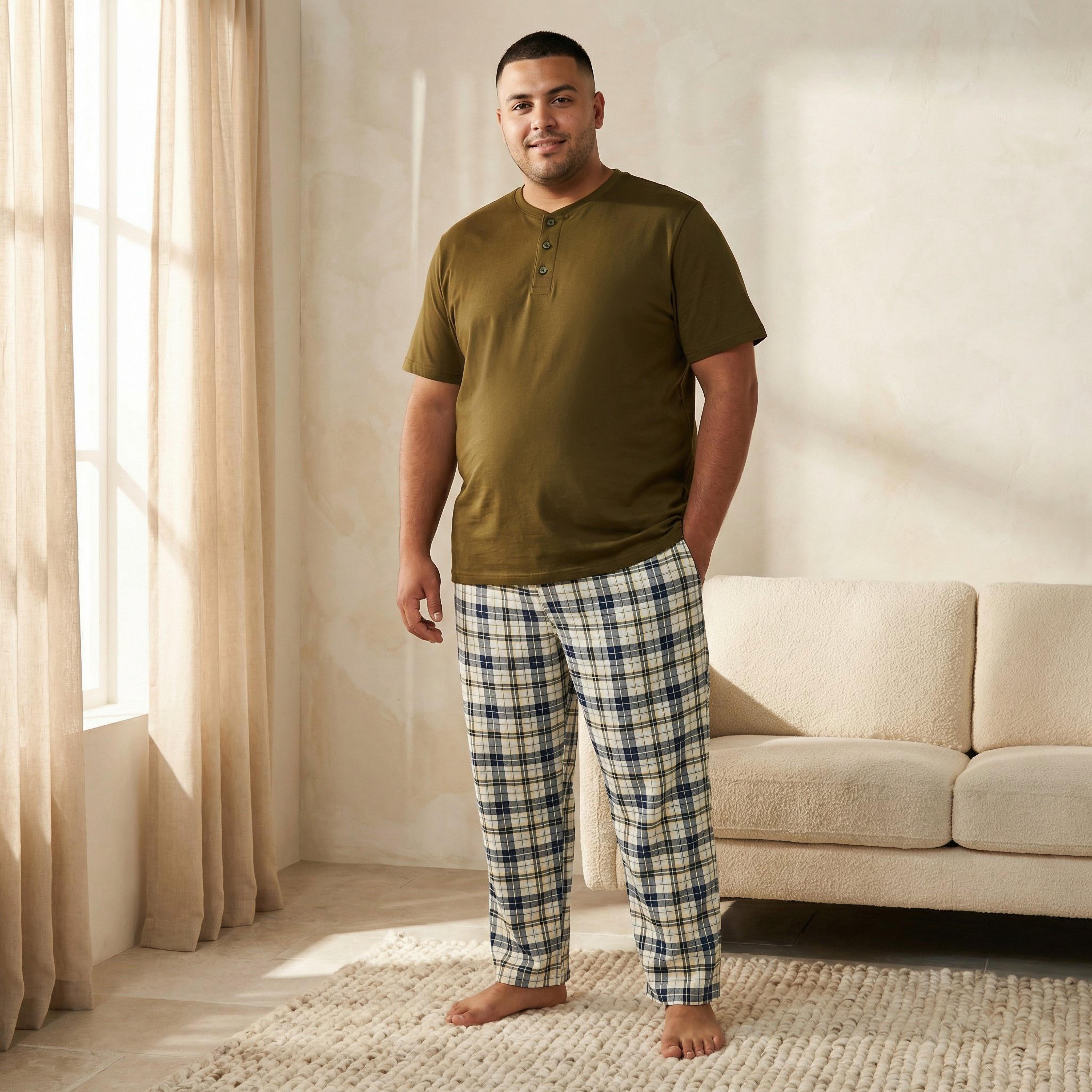 طقم بيجاما نوم قطن كاروهات بخصر رباط للرجال-men-clothing-nightwear-sets-image-1