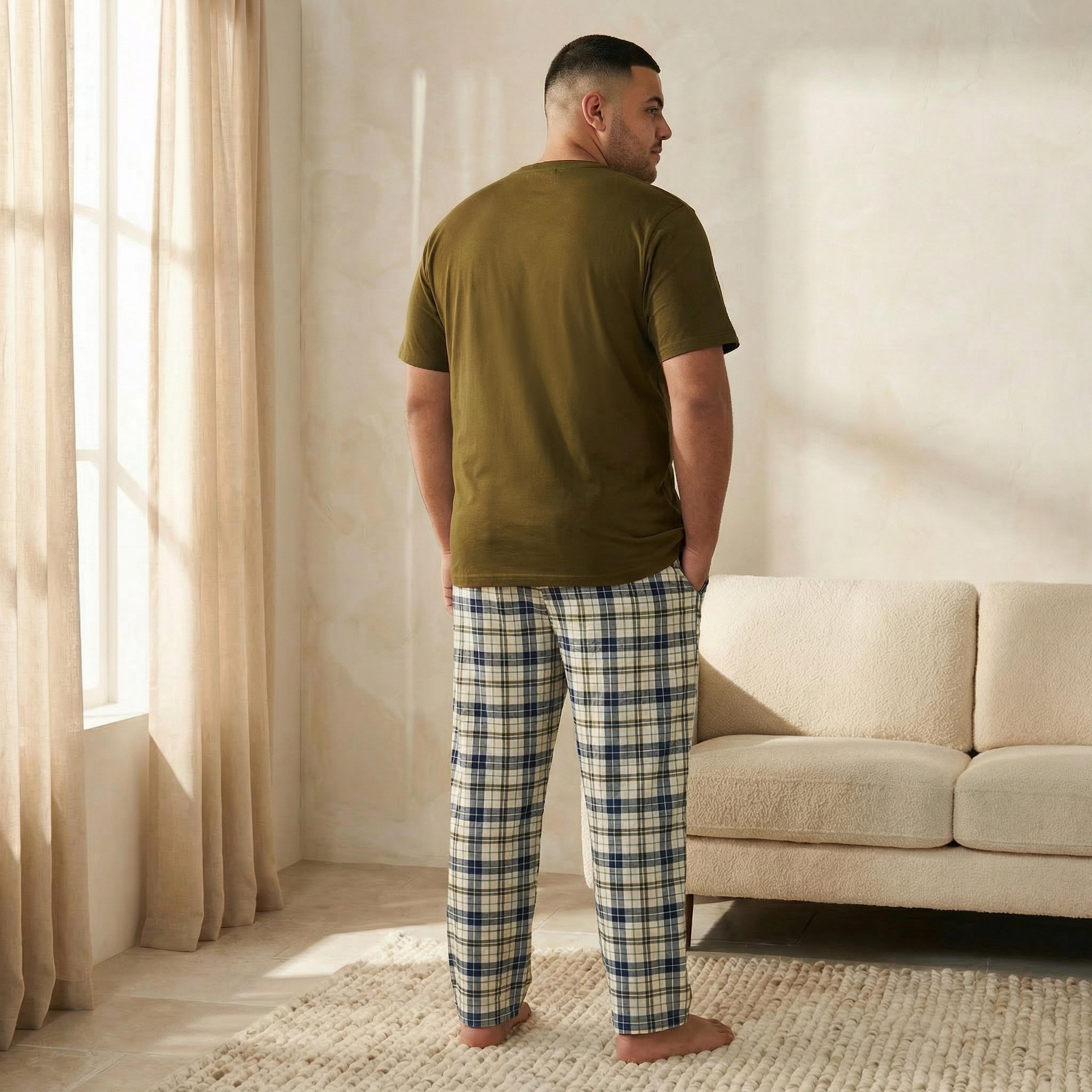 طقم بيجاما نوم قطن كاروهات بخصر رباط للرجال-men-clothing-nightwear-sets-image-4