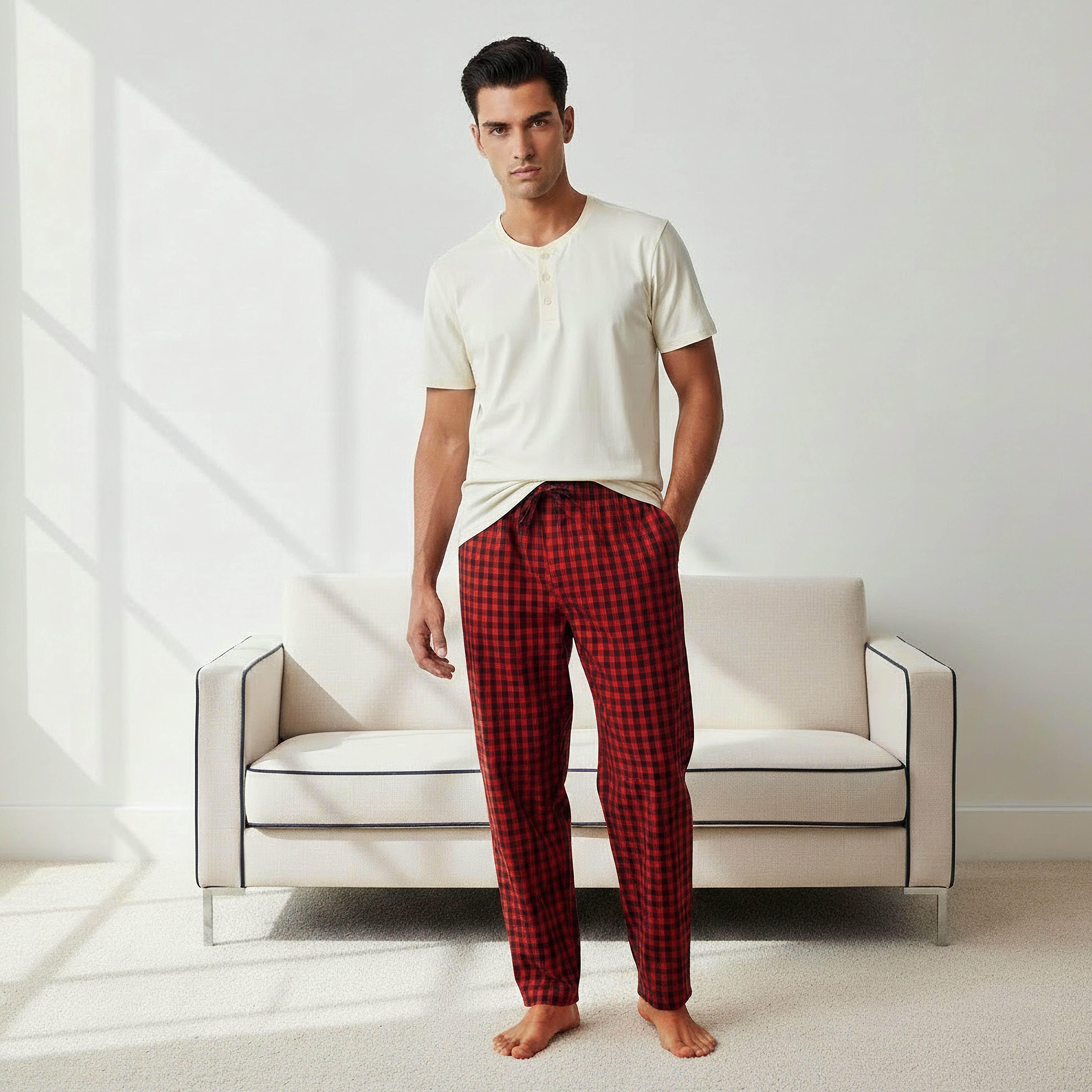 Men Cotton Checked Henley Neck Nightwear Set-men-clothing-nightwear-sets-image-1