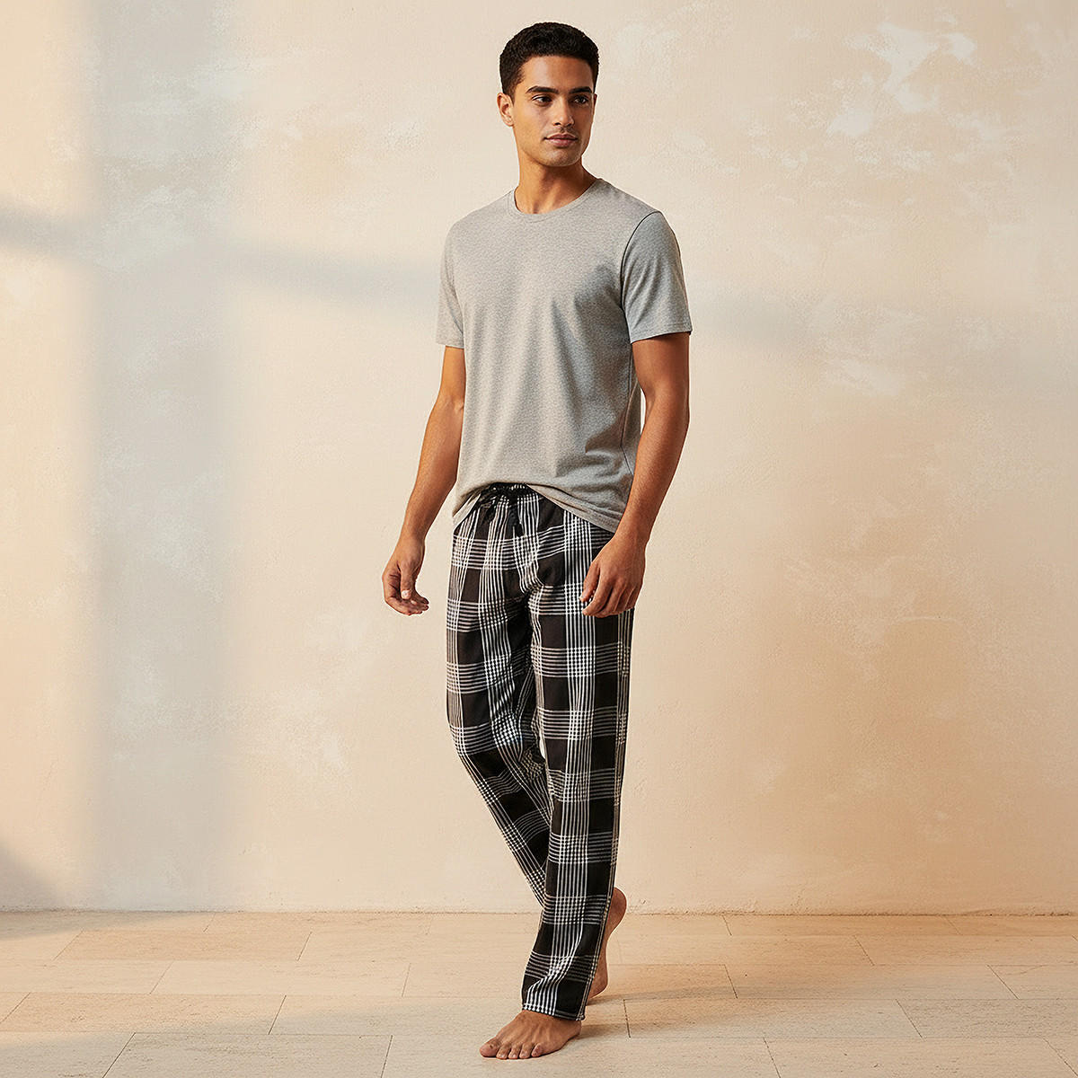 طقم بيجاما قطن رجالي كاروهات برباط خصر-men-clothing-nightwear-sets-image-7