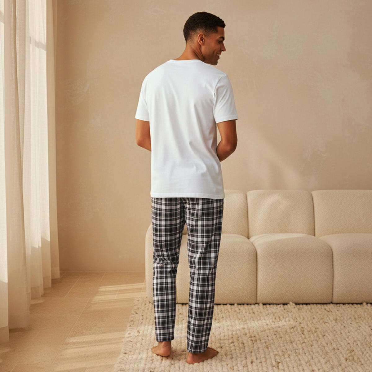 طقم بيجاما قطن رجالي كاروهات برباط خصر-men-clothing-nightwear-sets-image-4