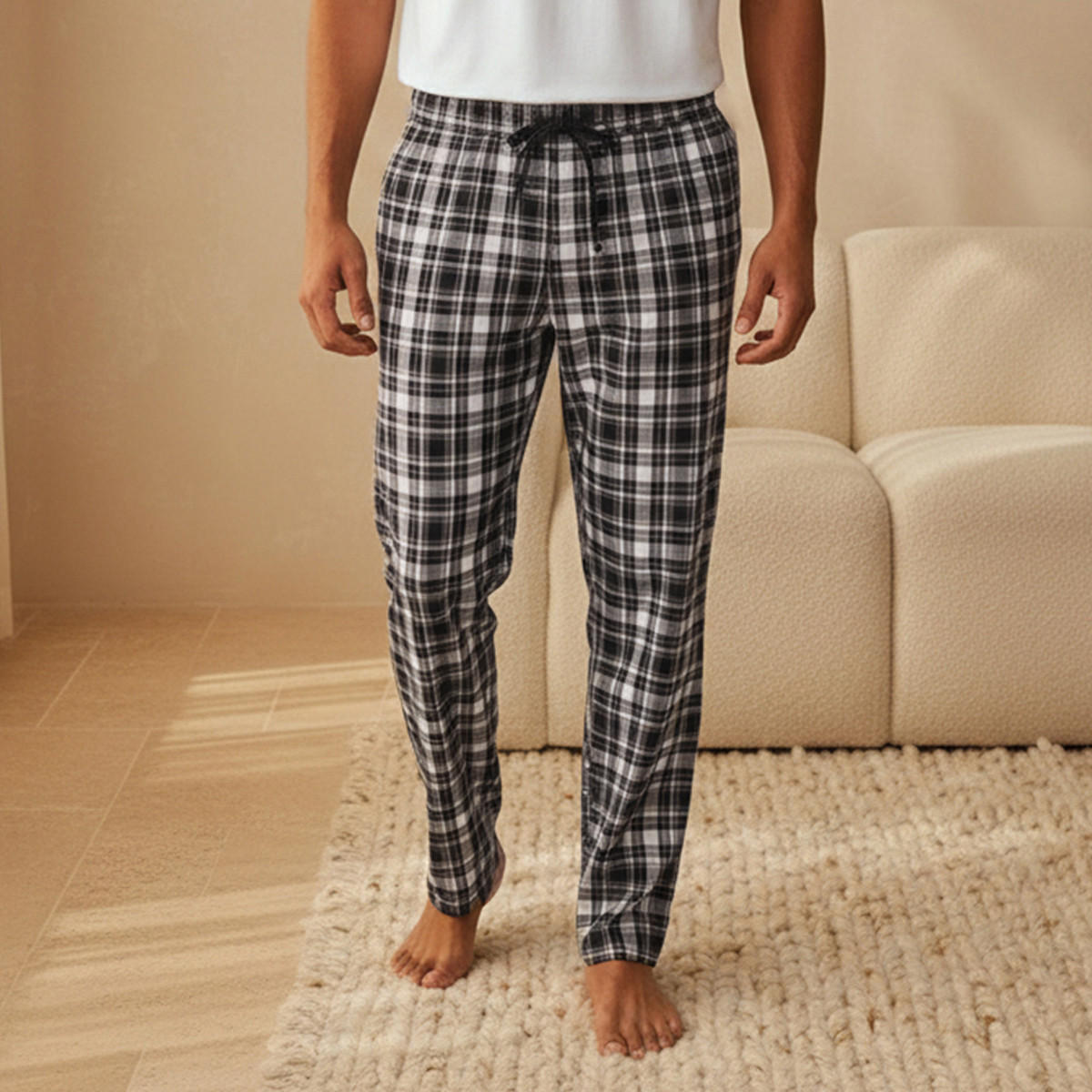 طقم بيجاما قطن رجالي كاروهات برباط خصر-men-clothing-nightwear-sets-image-5