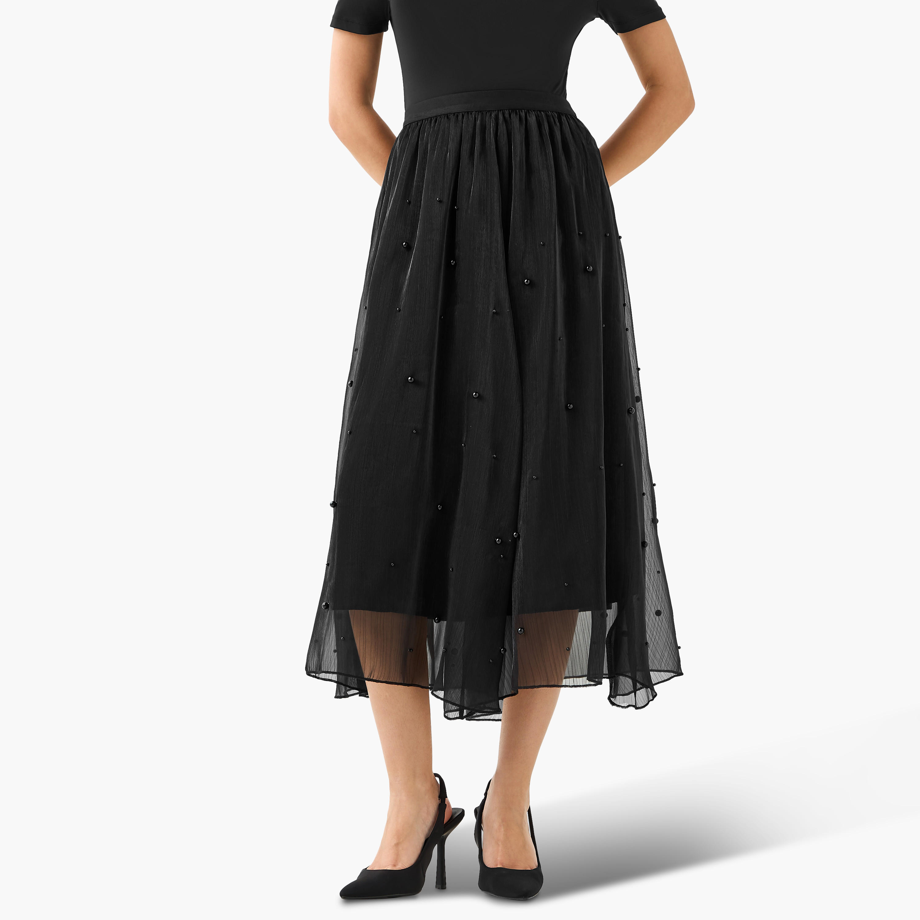 تنورة إيه لاين ميدي بخصر مطاطي-women-clothing-bottoms-skirts-image-2