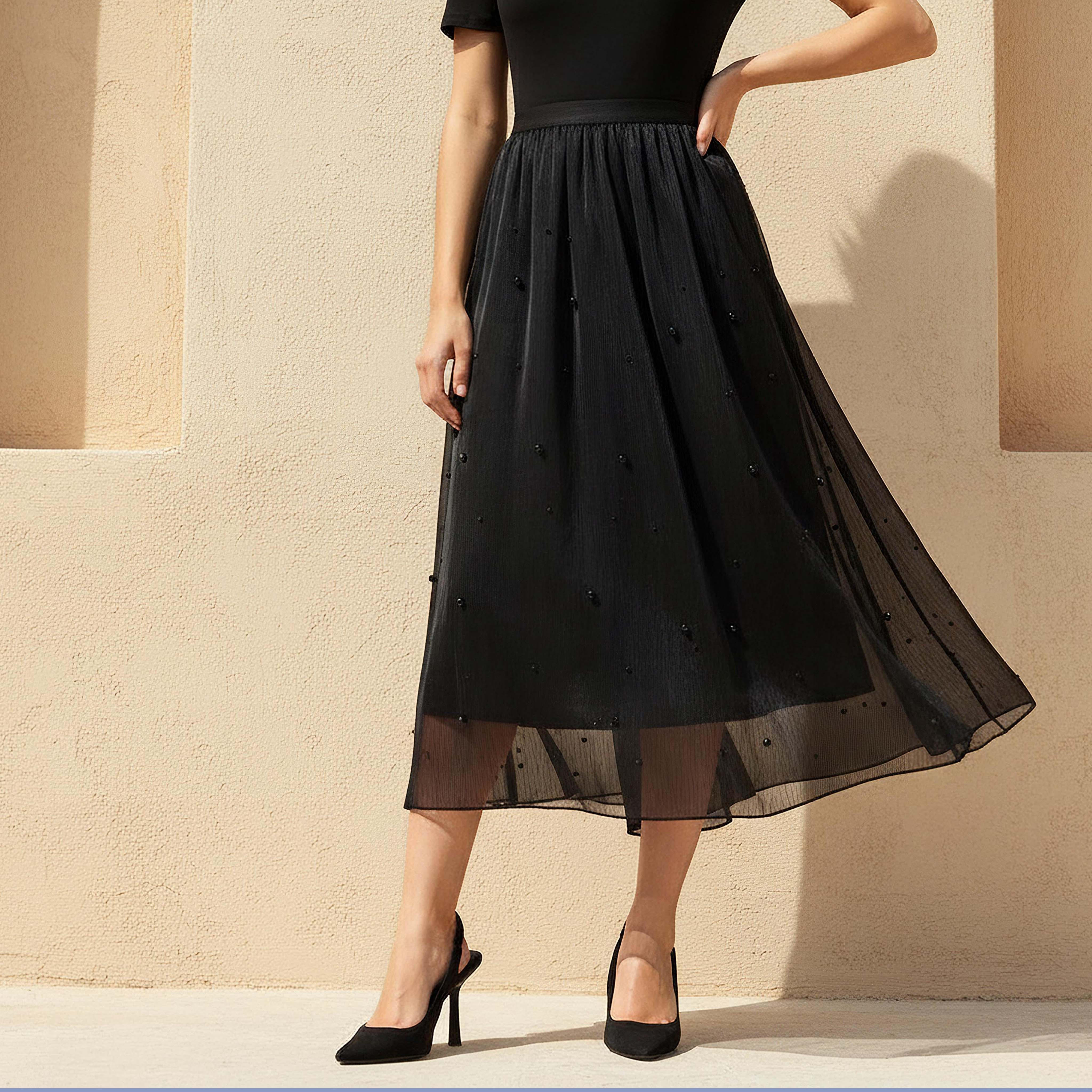 Midi A-line Skirt with Elasticated Waistband-women-clothing-bottoms-skirts-image-1