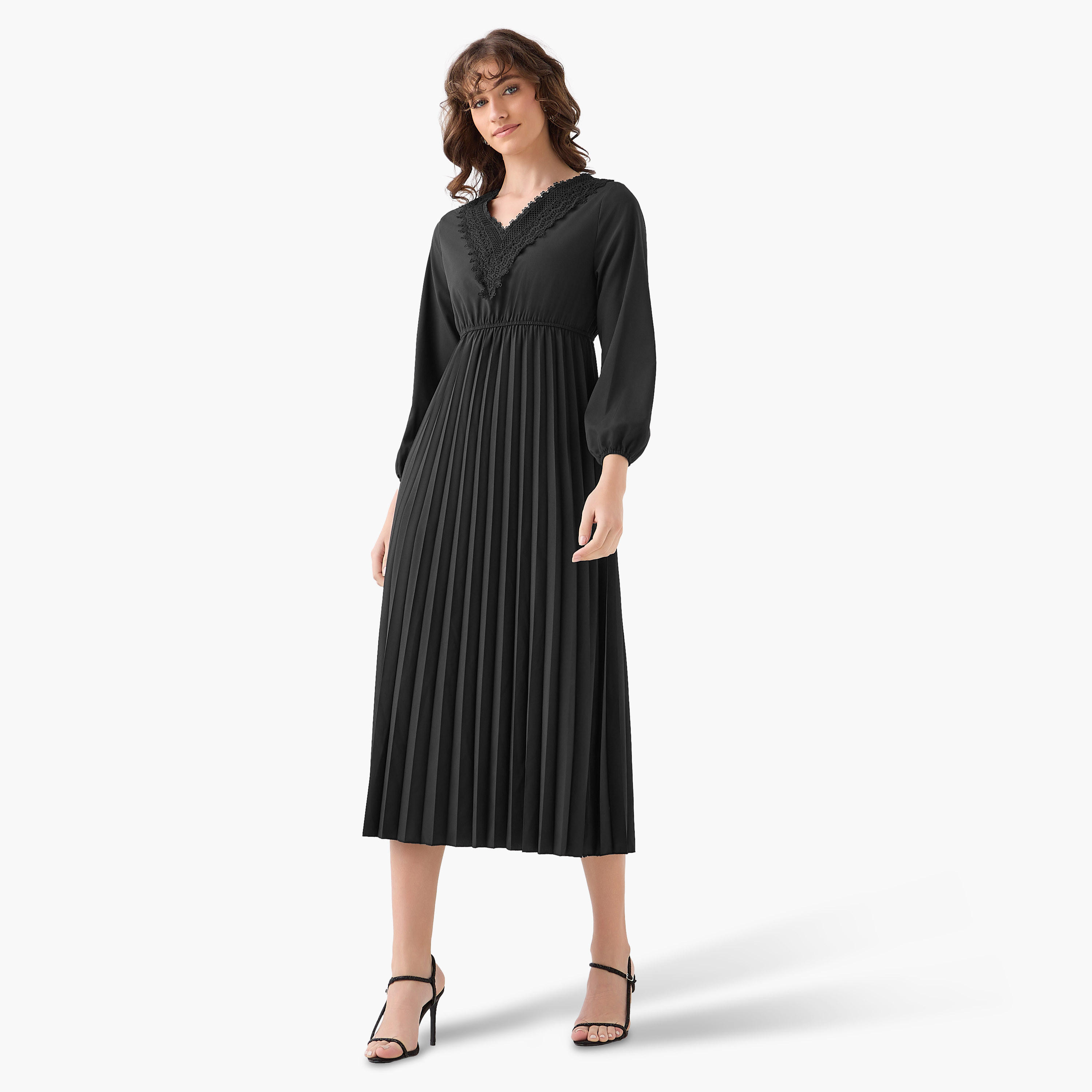 Pleated Midi Dress with Lace Detail-women-clothing-dresses-image-3