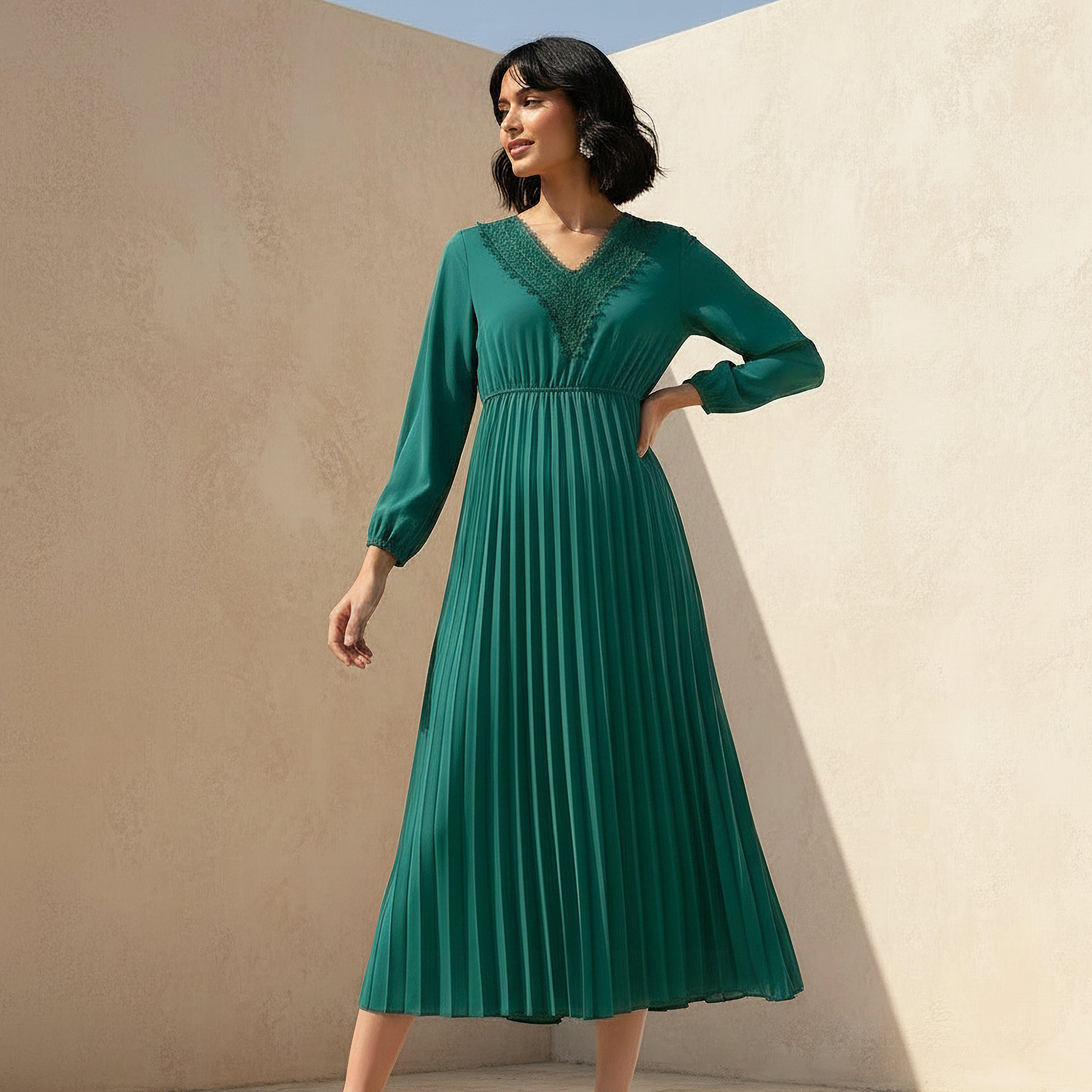 فستان ميدي بكسرات وتفاصيل دانتيل-women-clothing-dresses-image-1