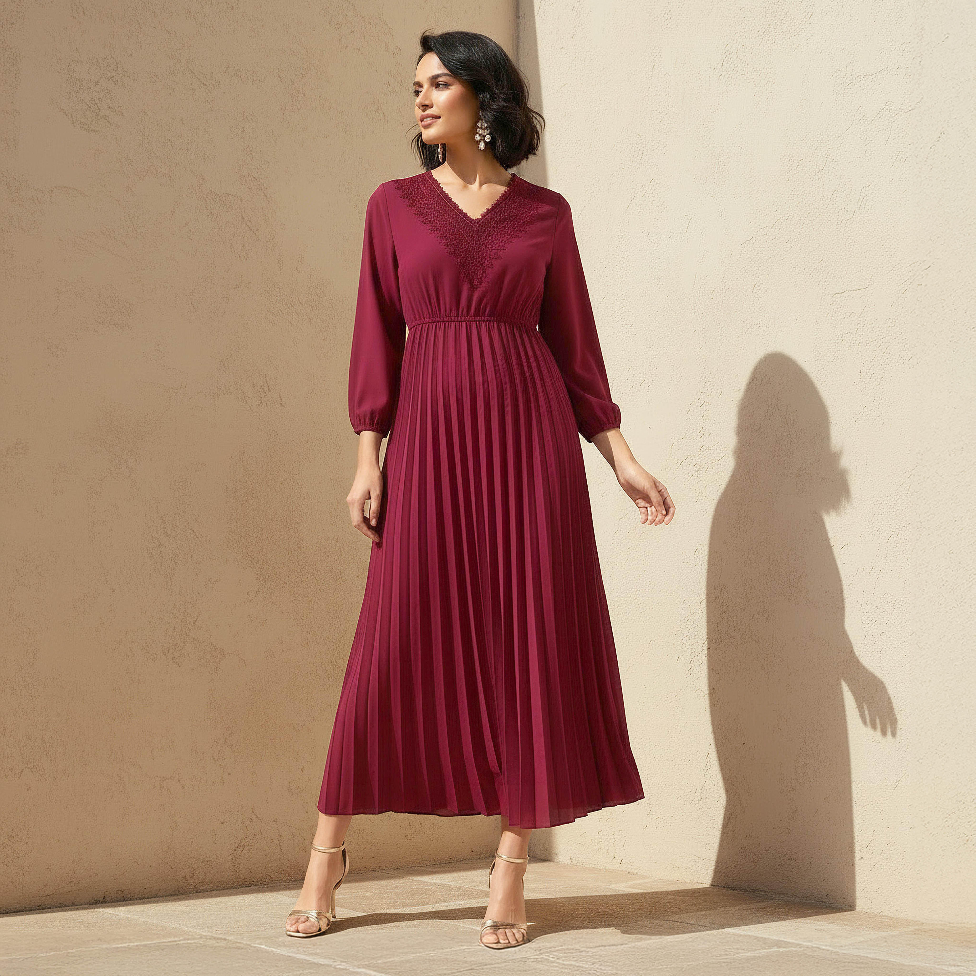Pleated Midi Dress with Lace Detail-women-clothing-dresses-image-1