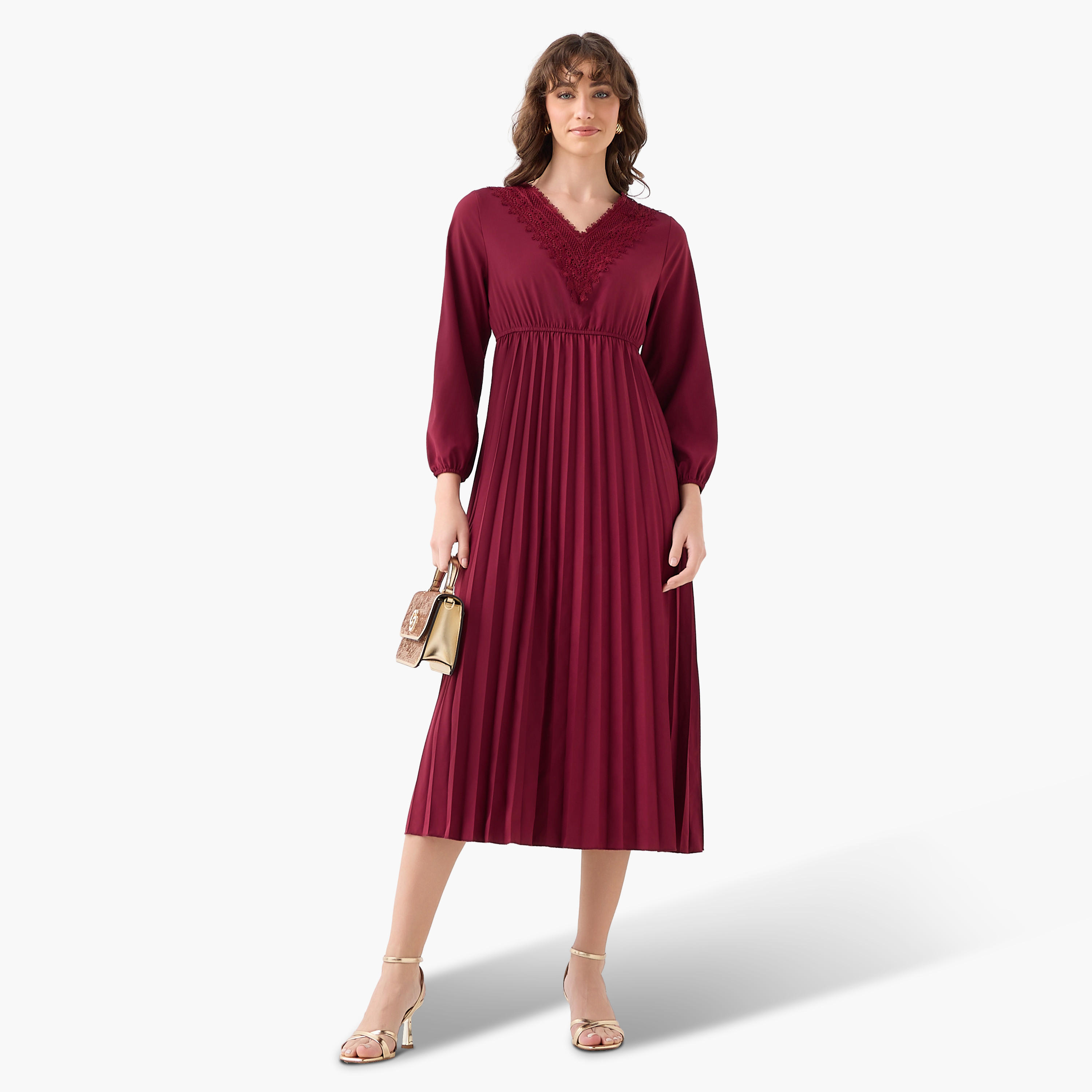 Pleated Midi Dress with Lace Detail-women-clothing-dresses-image-3
