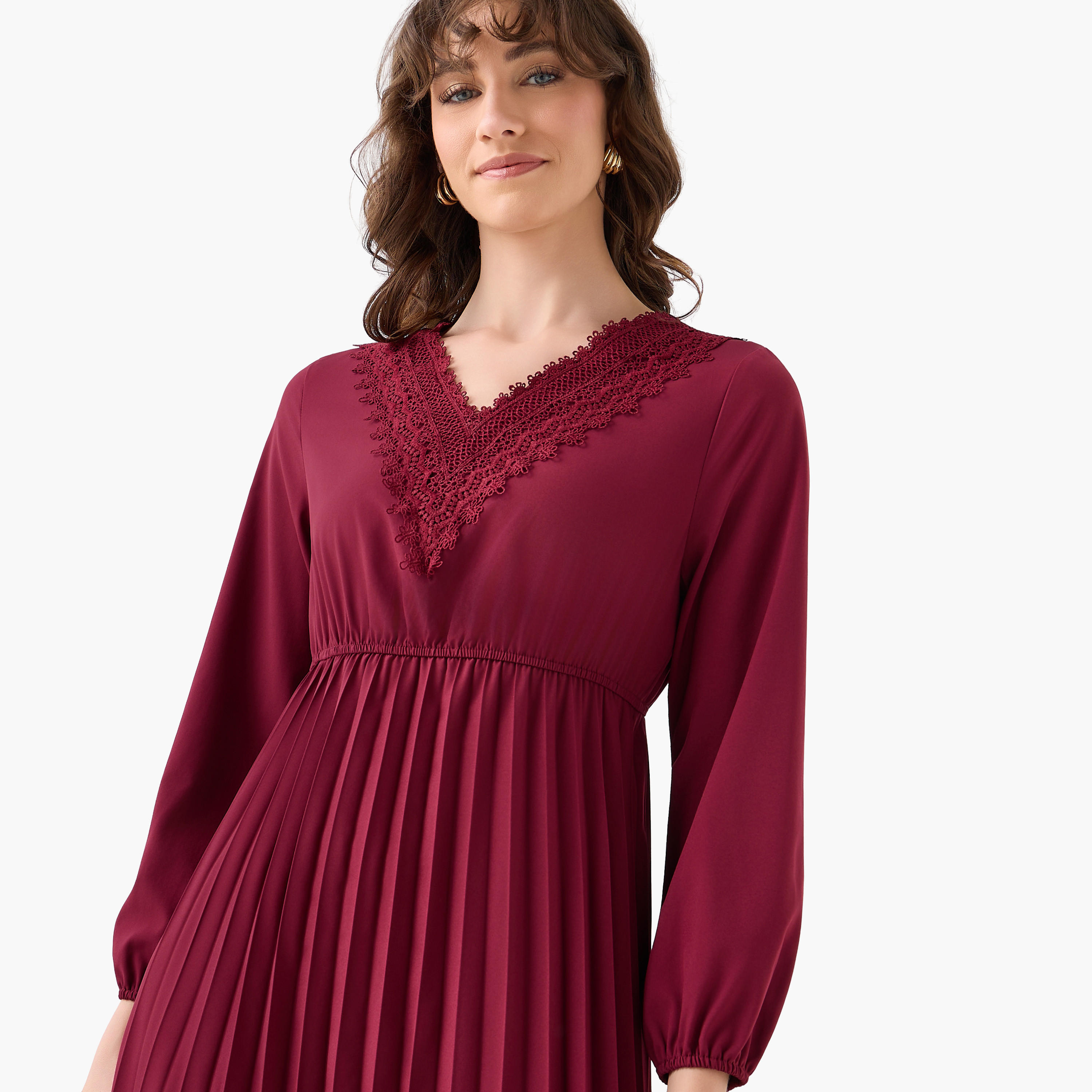 فستان ميدي بكسرات وتفاصيل دانتيل-women-clothing-dresses-image-5