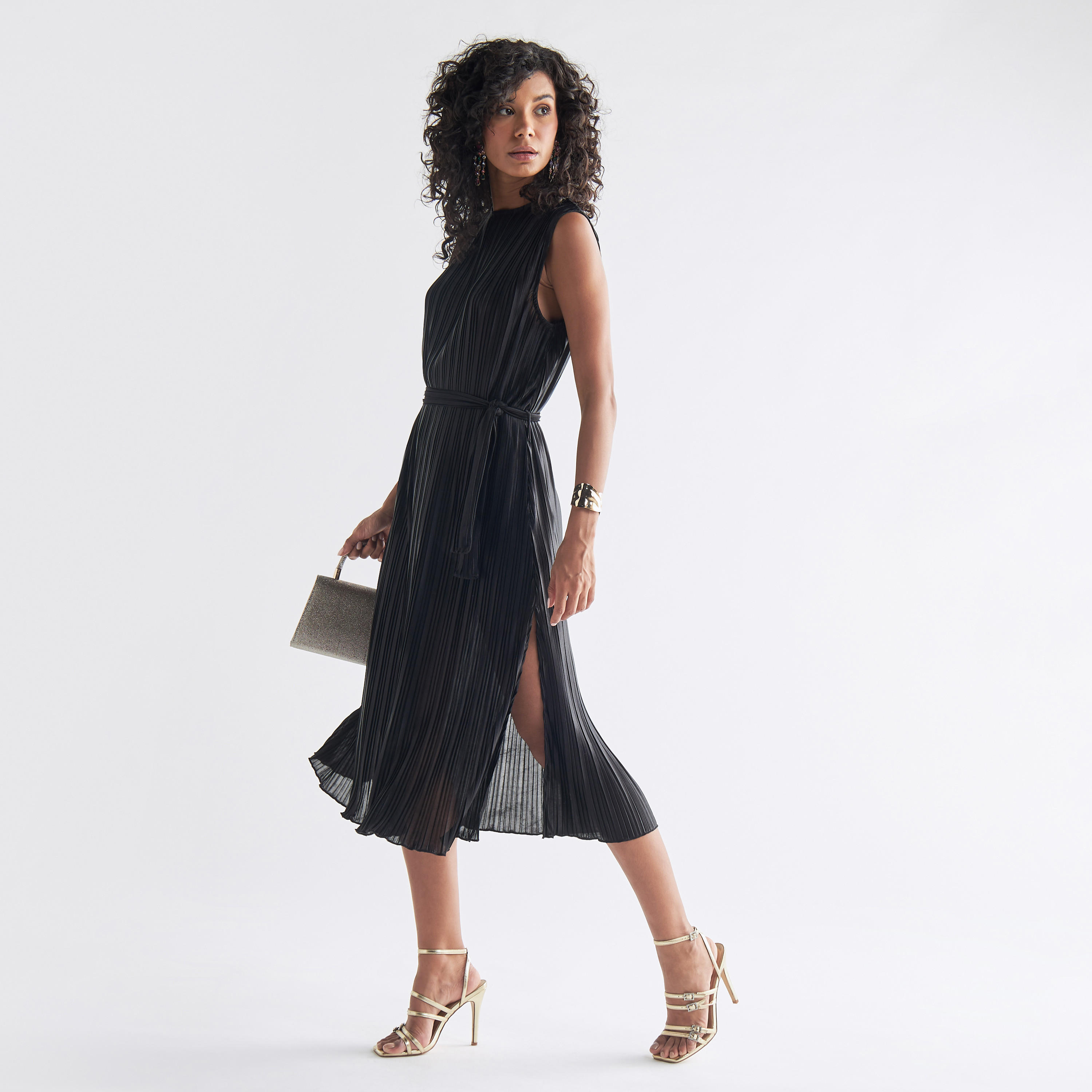 Pleated Sleeveless Dress with Tie-Up Belt and Slit Detail-women-clothing-dresses-image-1