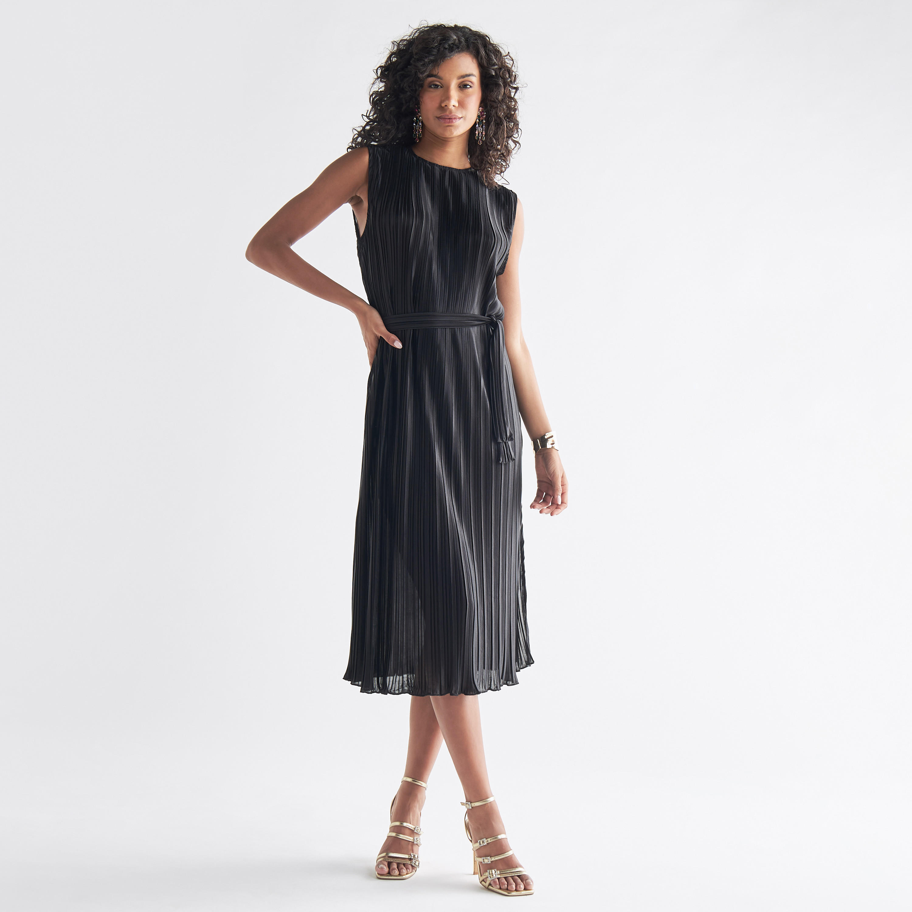 Pleated Sleeveless Dress with Tie-Up Belt and Slit Detail-women-clothing-dresses-image-2